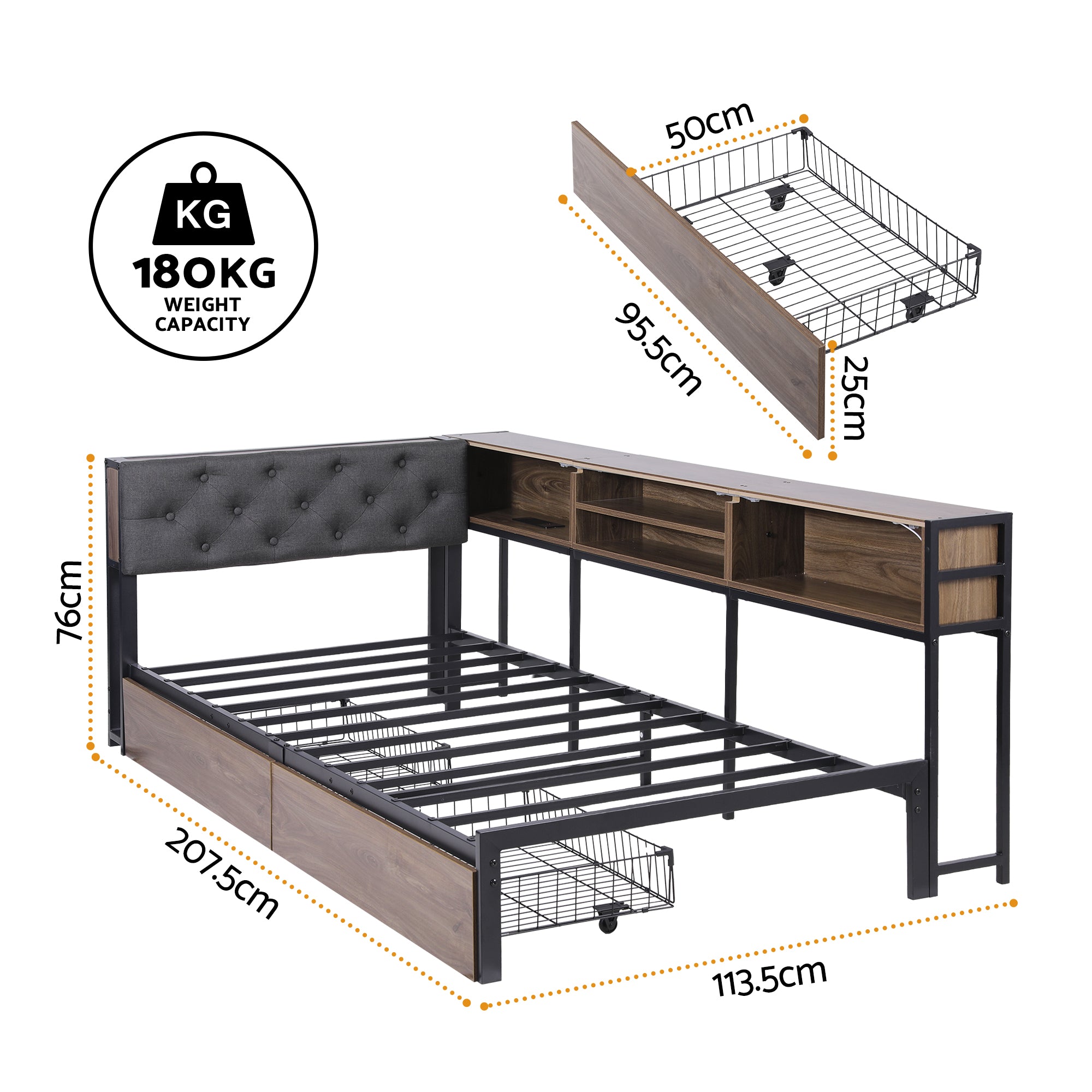Bed Frame Single Size with 2 Drawers and Charging Station Metal Corner Bed Base