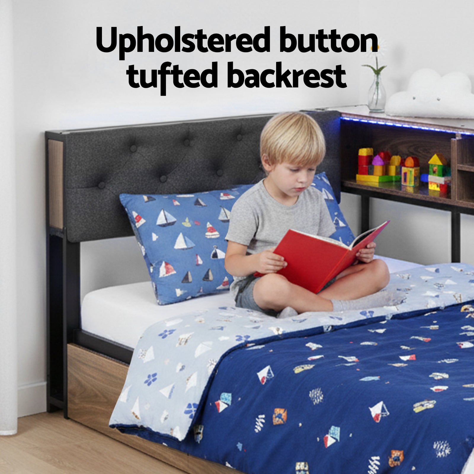 Bed Frame Single Size with 2 Drawers and Charging Station Metal Corner Bed Base