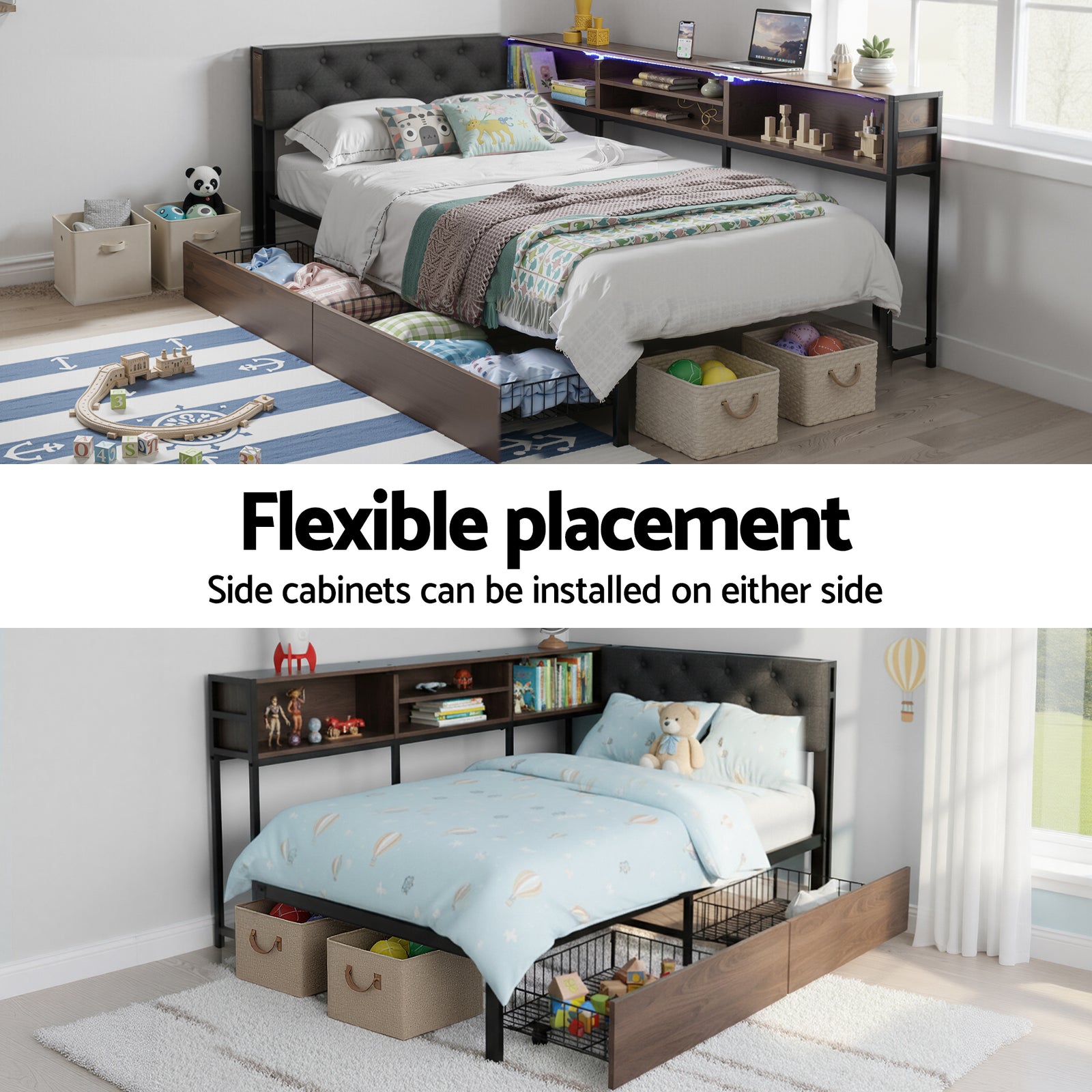 Bed Frame Single Size with 2 Drawers and Charging Station Metal Corner Bed Base