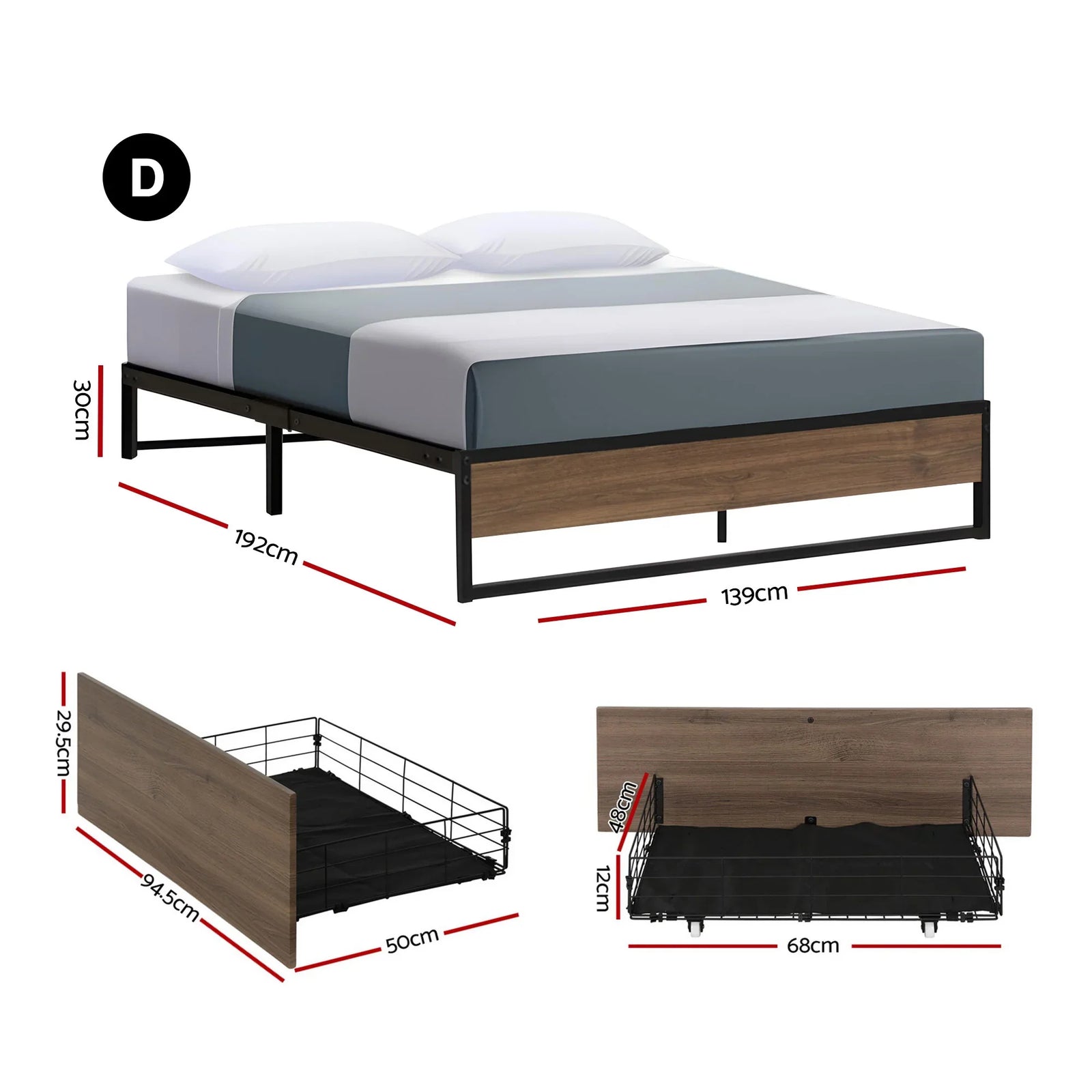 Bed Frame Metal Frame Double Size Bed Base 2 Drawers OSLO