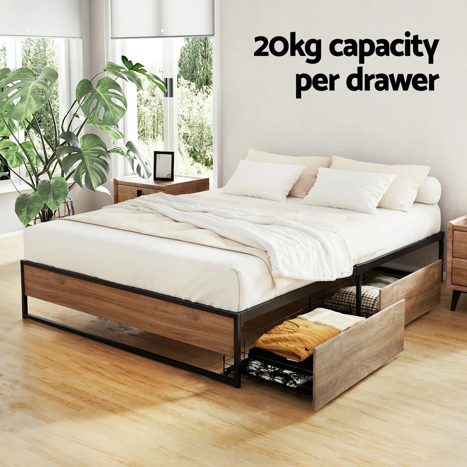 Bed Frame Metal Frame Double Size Bed Base 2 Drawers OSLO