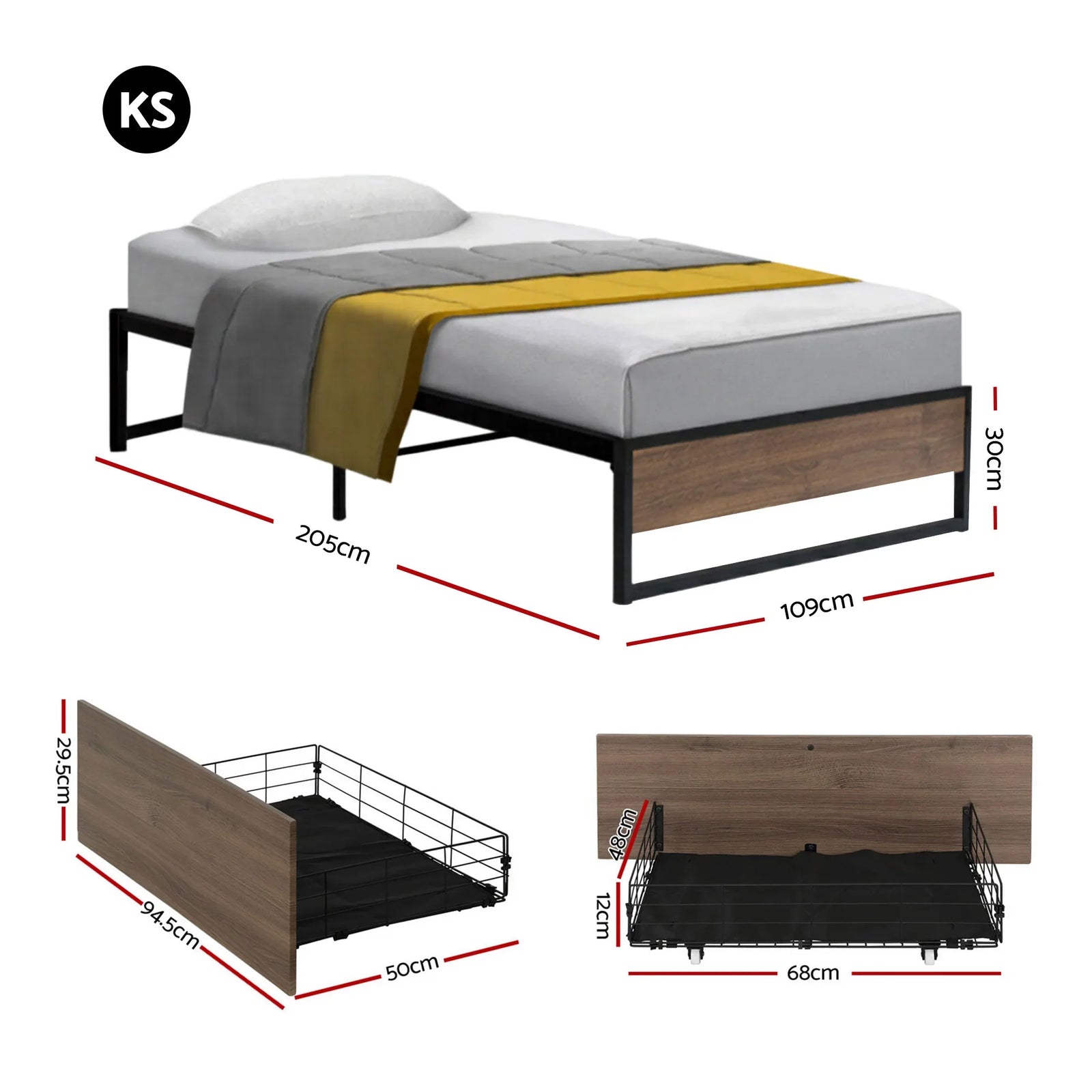 Bed Frame Metal Frame King Single Bed Base 2 Drawers OSLO