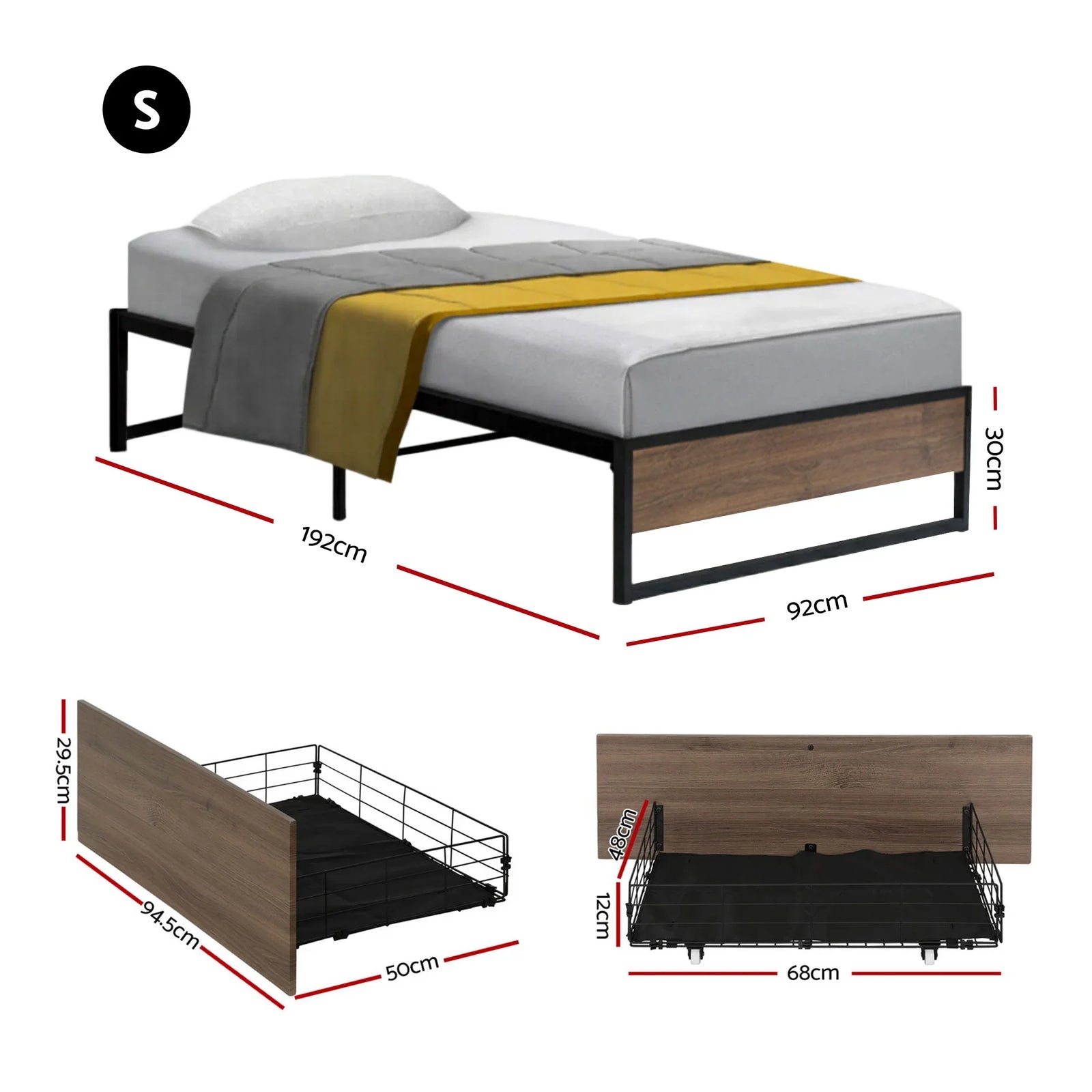 Bed Frame Metal Frame Single Bed Base 2 Drawers OSLO