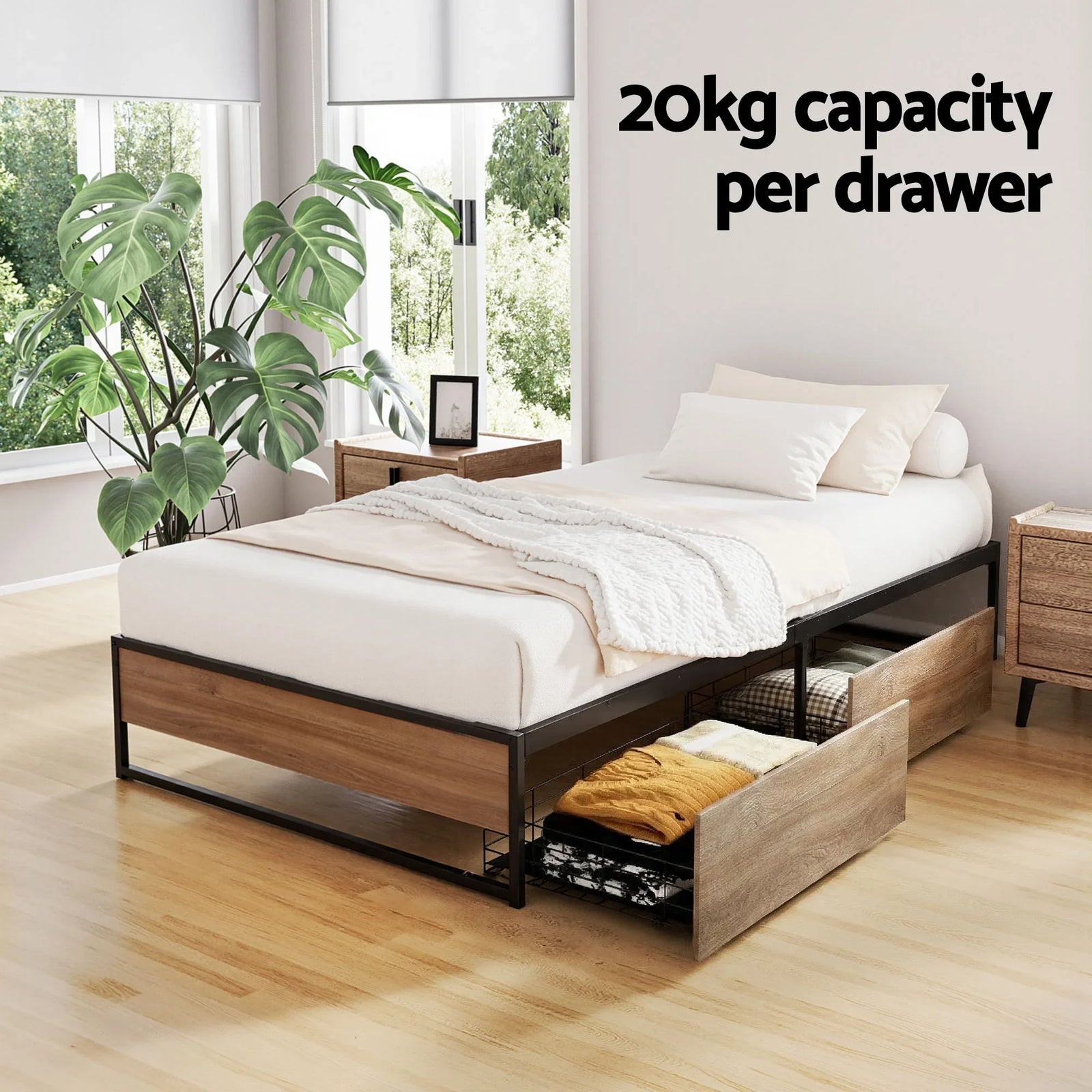 Bed Frame Metal Frame Single Bed Base 2 Drawers OSLO