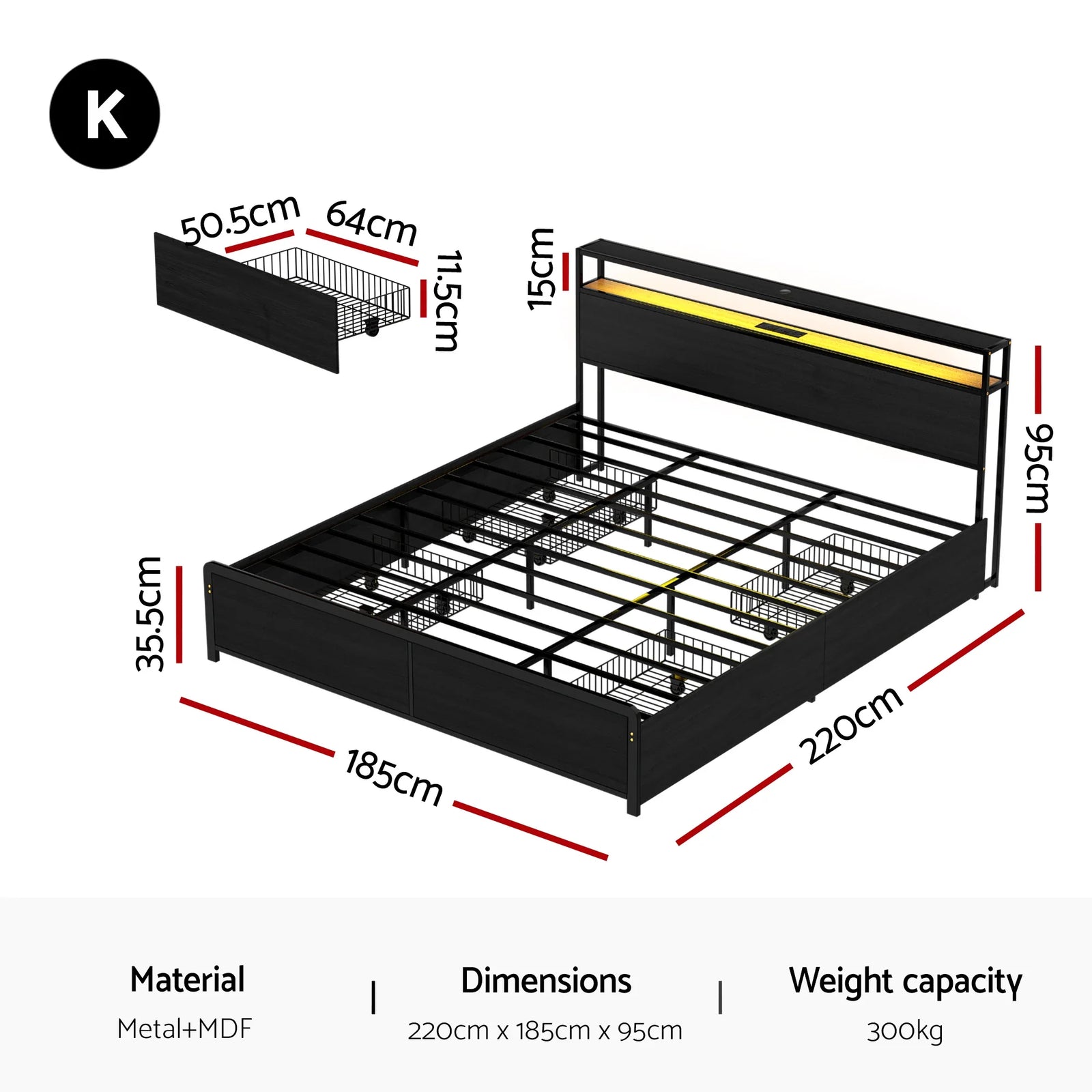 Metal Bed Frame King Size Storage Headboard Charge Station LED 4 Drawers