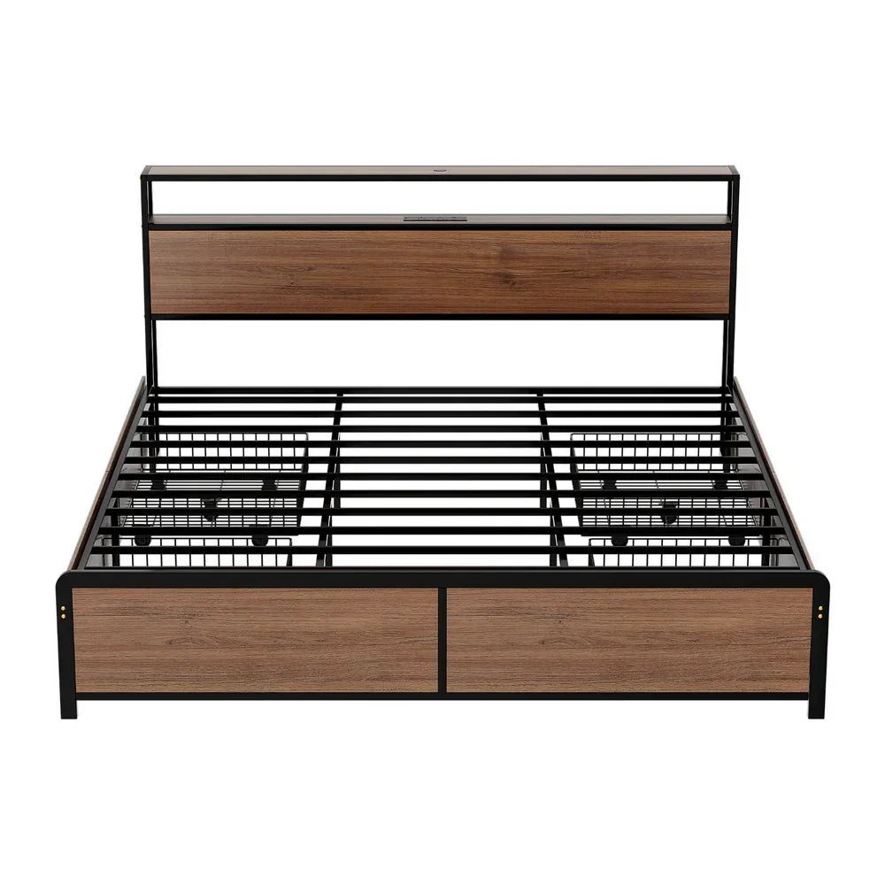 Artiss Metal Bed Frame King Size with 2-Tier Storage Headboard Metal Platform with 4 Storage Drawers Built in Charging Station & LED Noise-Free/Metal Support/No Box Spring Needed Vintage Brown