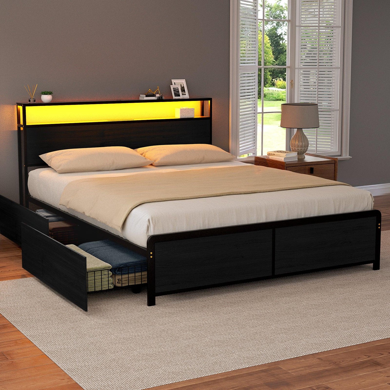 Metal Bed Frame Queen Size Storage Headboard Charge Station LED 4 Drawers
