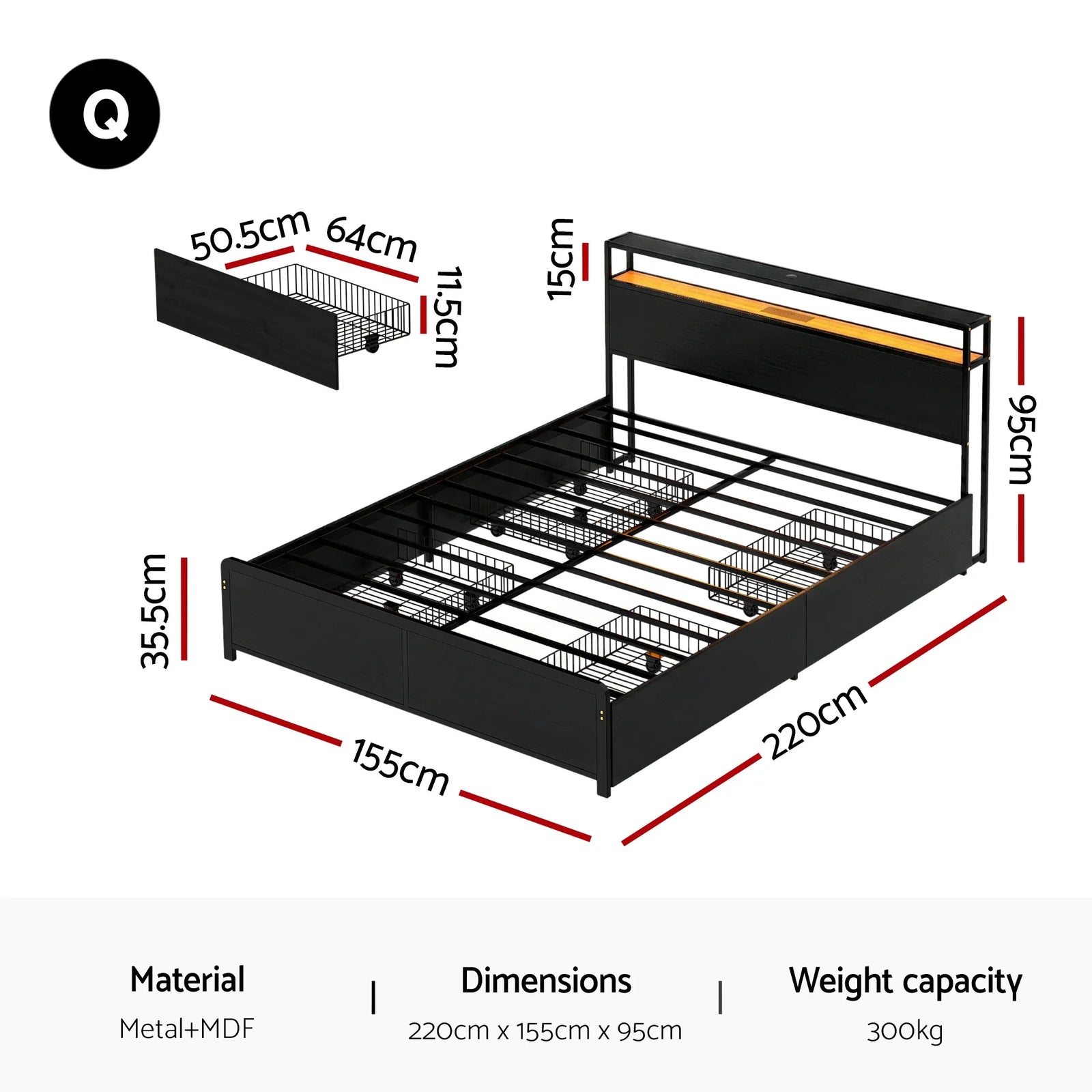 Metal Bed Frame Queen Size Storage Headboard Charge Station LED 4 Drawers