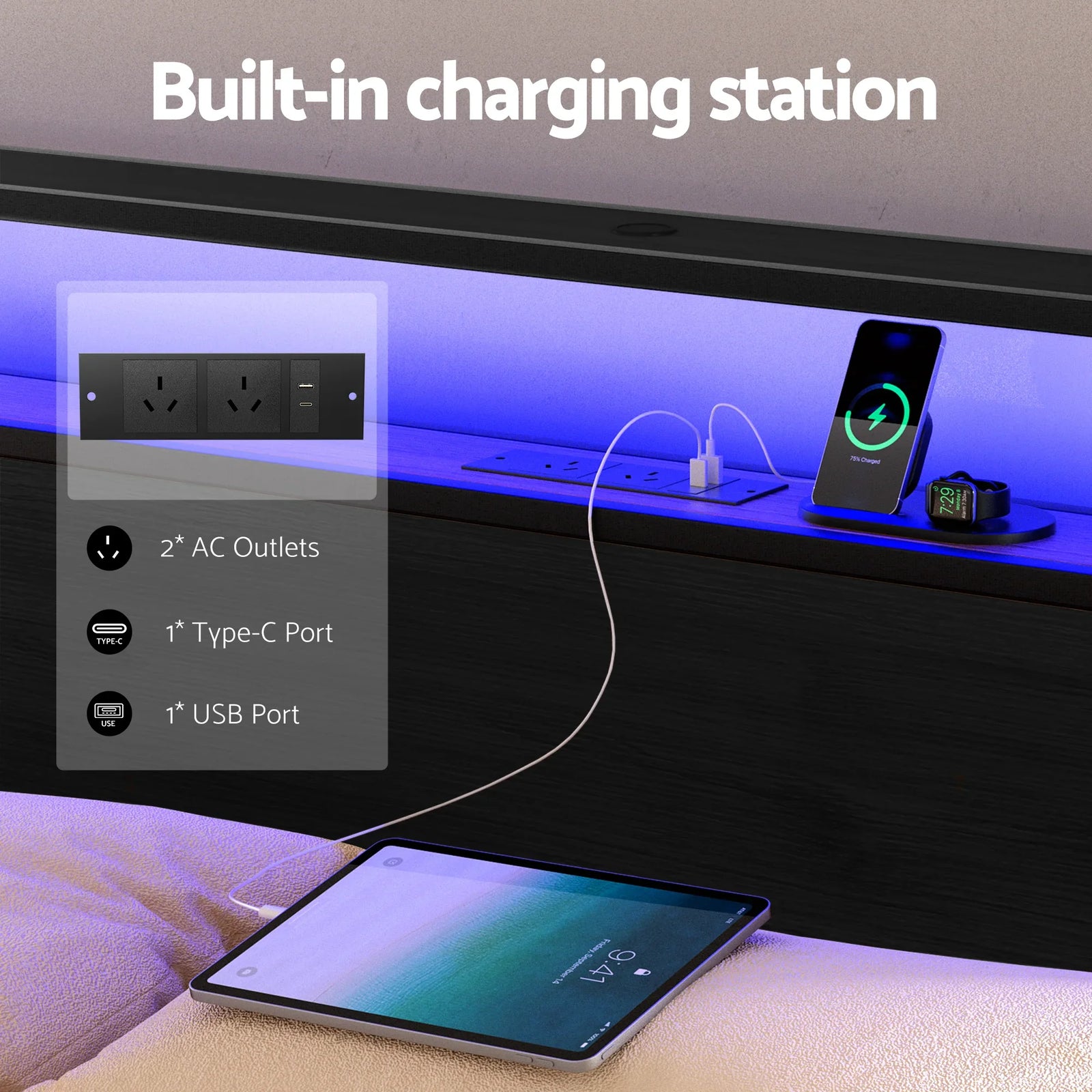 Metal Bed Frame Queen Size Storage Headboard Charge Station LED 4 Drawers