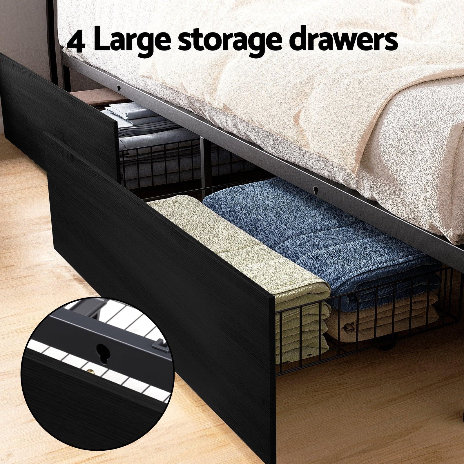 Metal Bed Frame Queen Size Storage Headboard Charge Station LED 4 Drawers