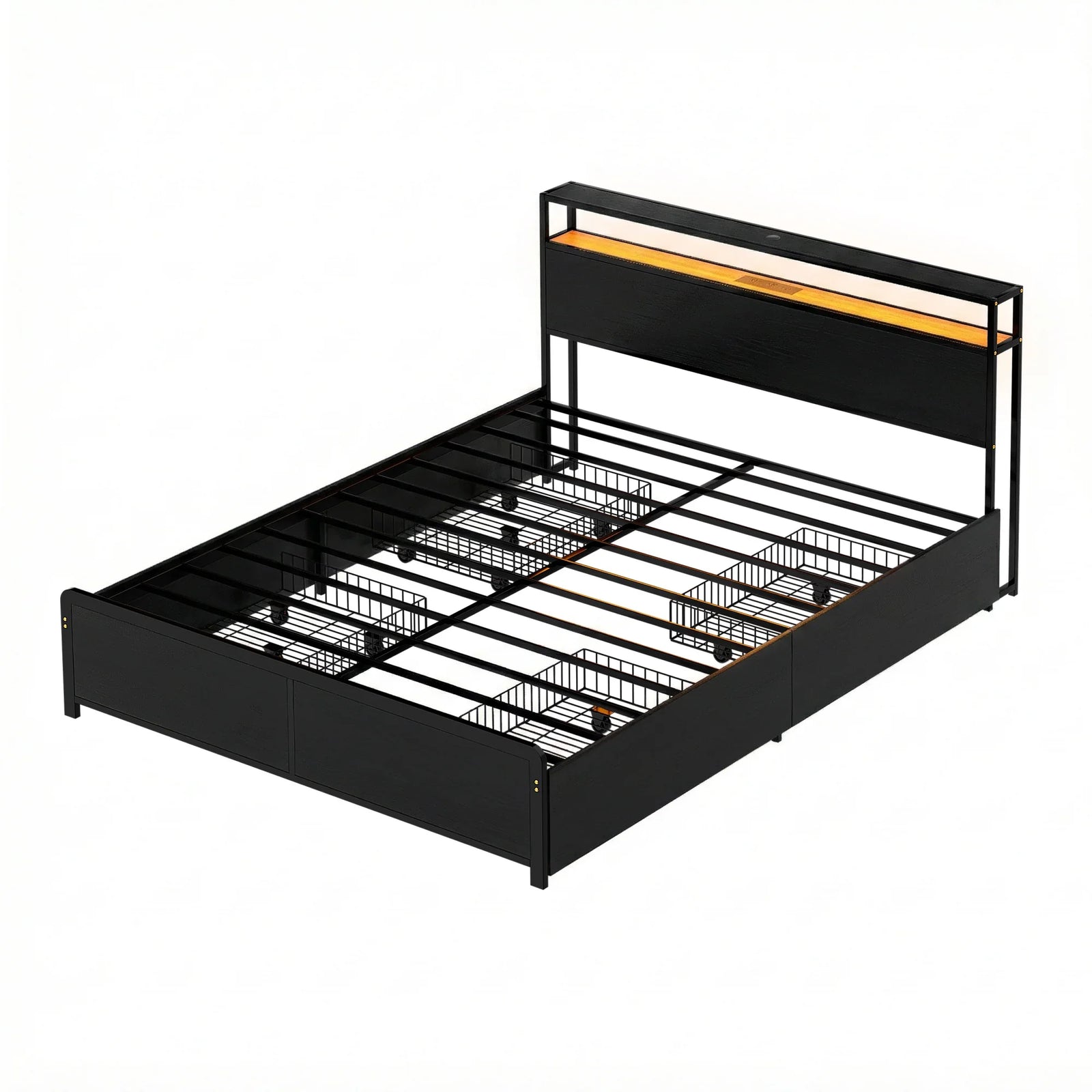 Metal Bed Frame Queen Size Storage Headboard Charge Station LED 4 Drawers