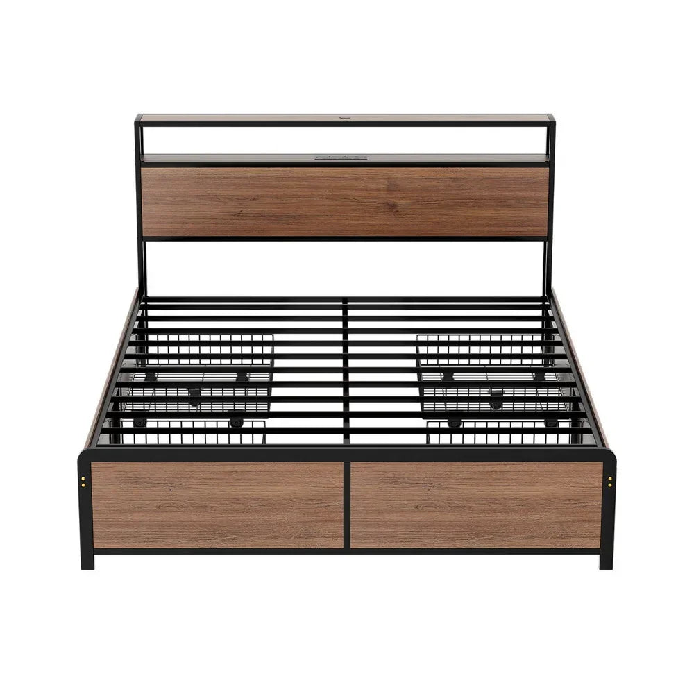 Artiss Metal Bed Frame Queen Size with 2-Tier Storage Headboard Metal Platform with 4 Storage Drawers Built in Charging Station & LED Noise-Free/Metal Support/No Box Spring Needed Vintage Brown