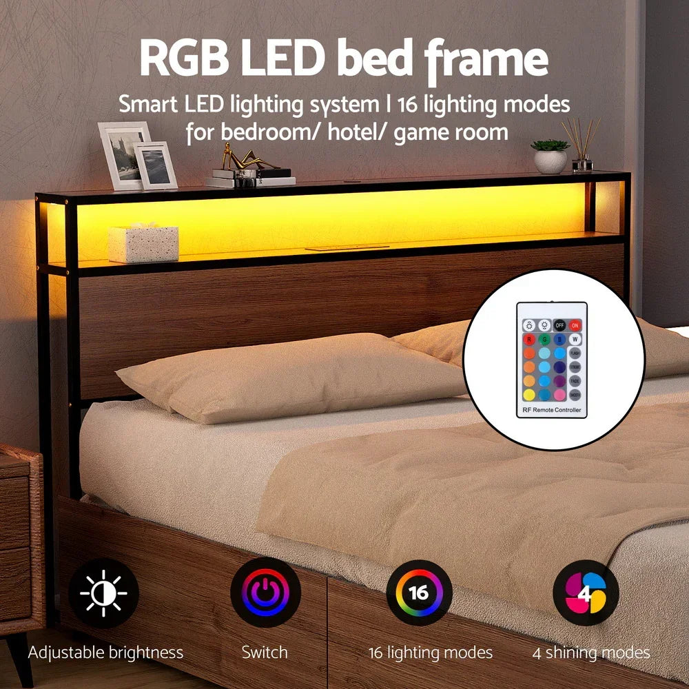 Artiss Metal Bed Frame Queen Size with 2-Tier Storage Headboard Metal Platform with 4 Storage Drawers Built in Charging Station & LED Noise-Free/Metal Support/No Box Spring Needed Vintage Brown