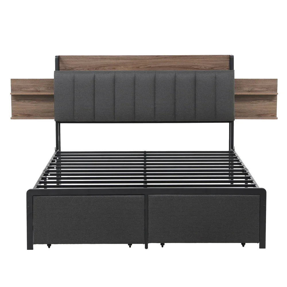 Artiss Metal Bed Frame Queen Size with 2-Tier Hidden Storage with Charging Station