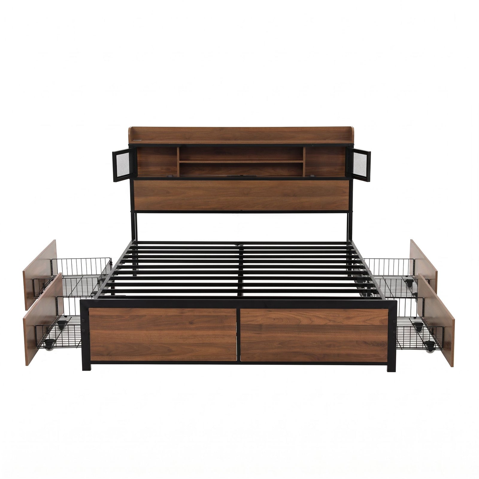 Double Bed Frame with Charging Station 4 Drawers Storage Oak