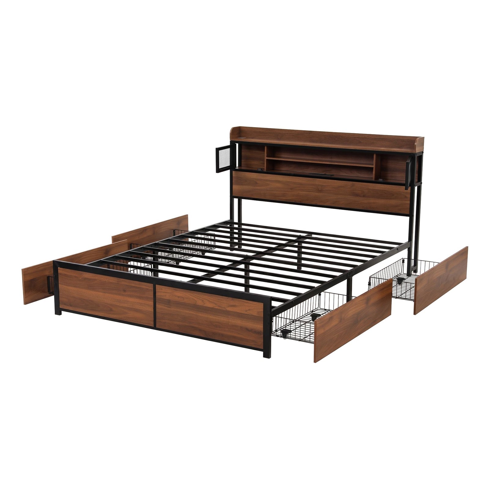 Double Bed Frame with Charging Station 4 Drawers Storage Oak