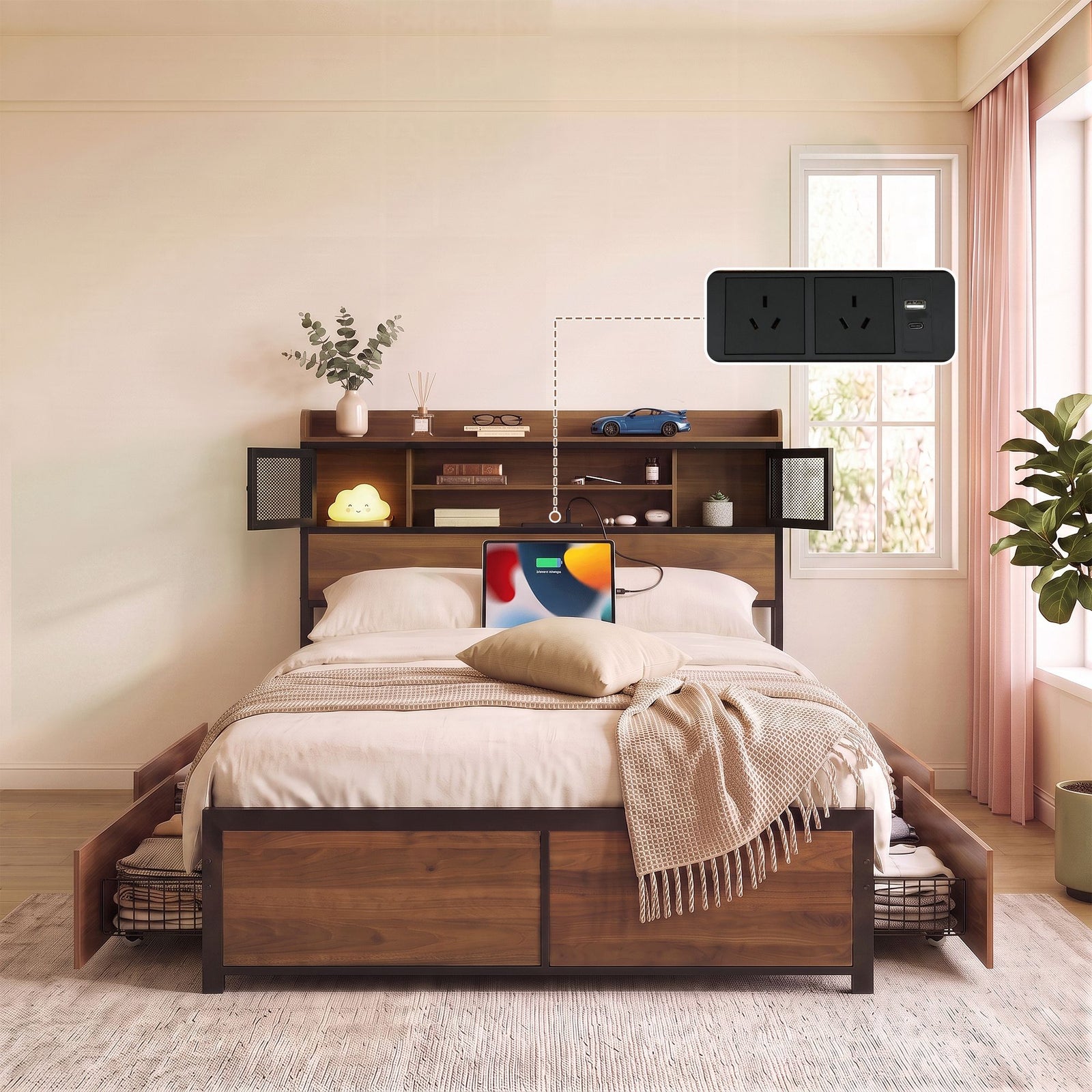 Double Bed Frame with Charging Station 4 Drawers Storage Oak