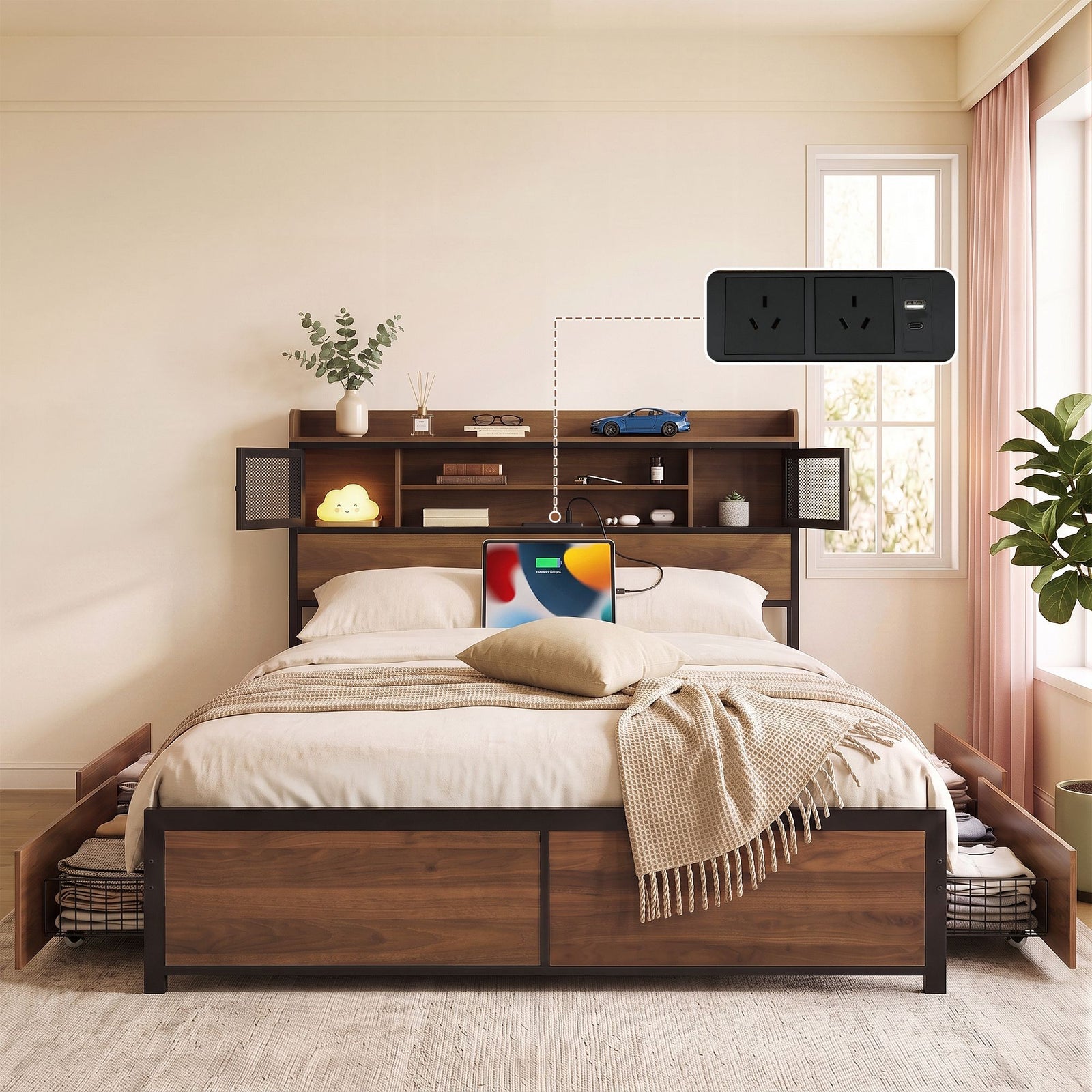 Queen Bed Frame with Charging Station 4 Drawers Storage Oak