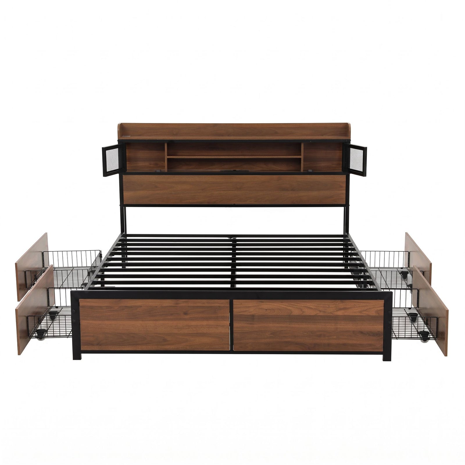 Queen Bed Frame with Charging Station 4 Drawers Storage Oak