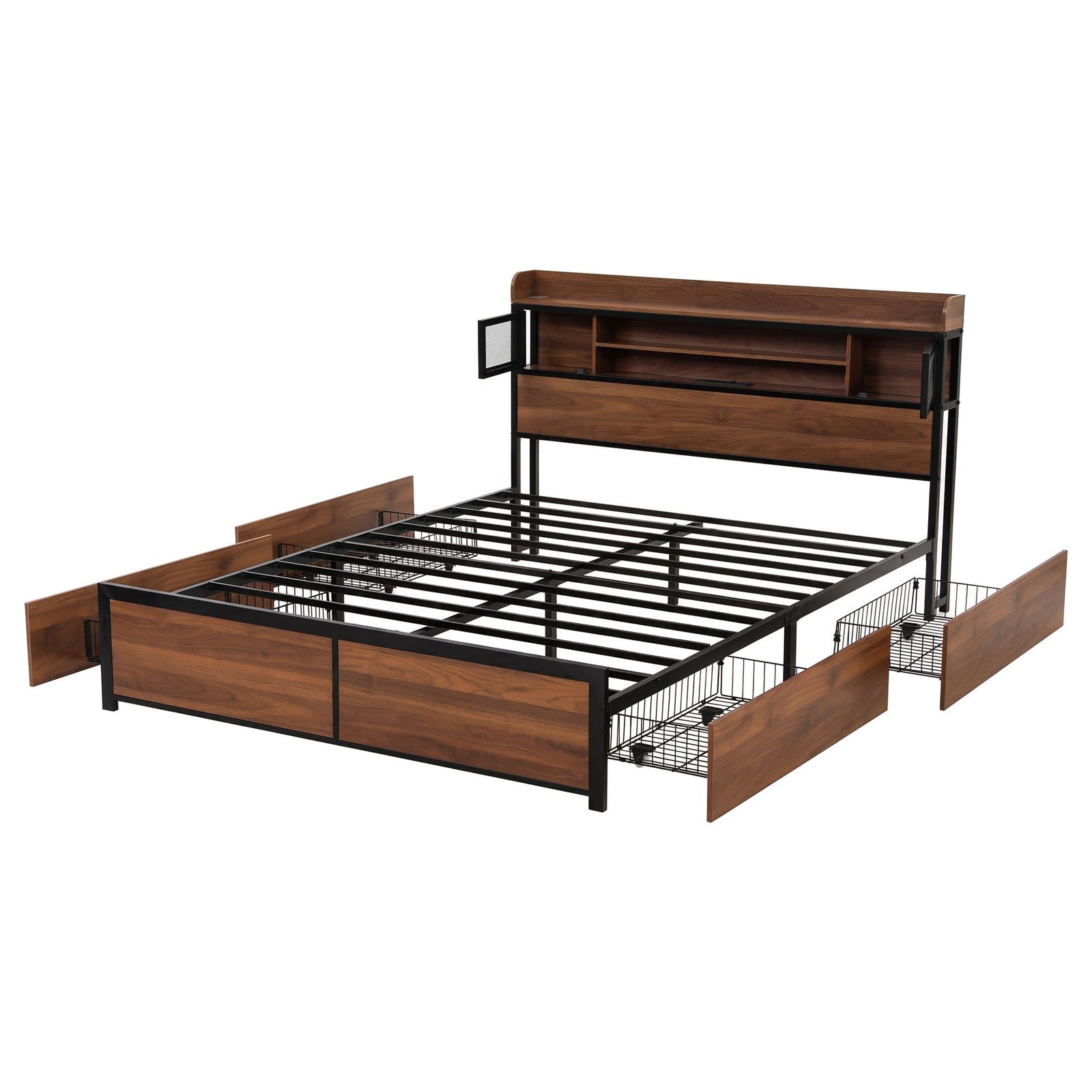 Queen Bed Frame with Charging Station 4 Drawers Storage Oak