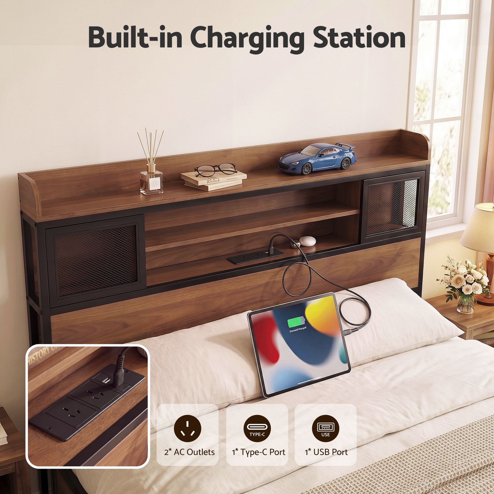 Queen Bed Frame with Charging Station 4 Drawers Storage Oak