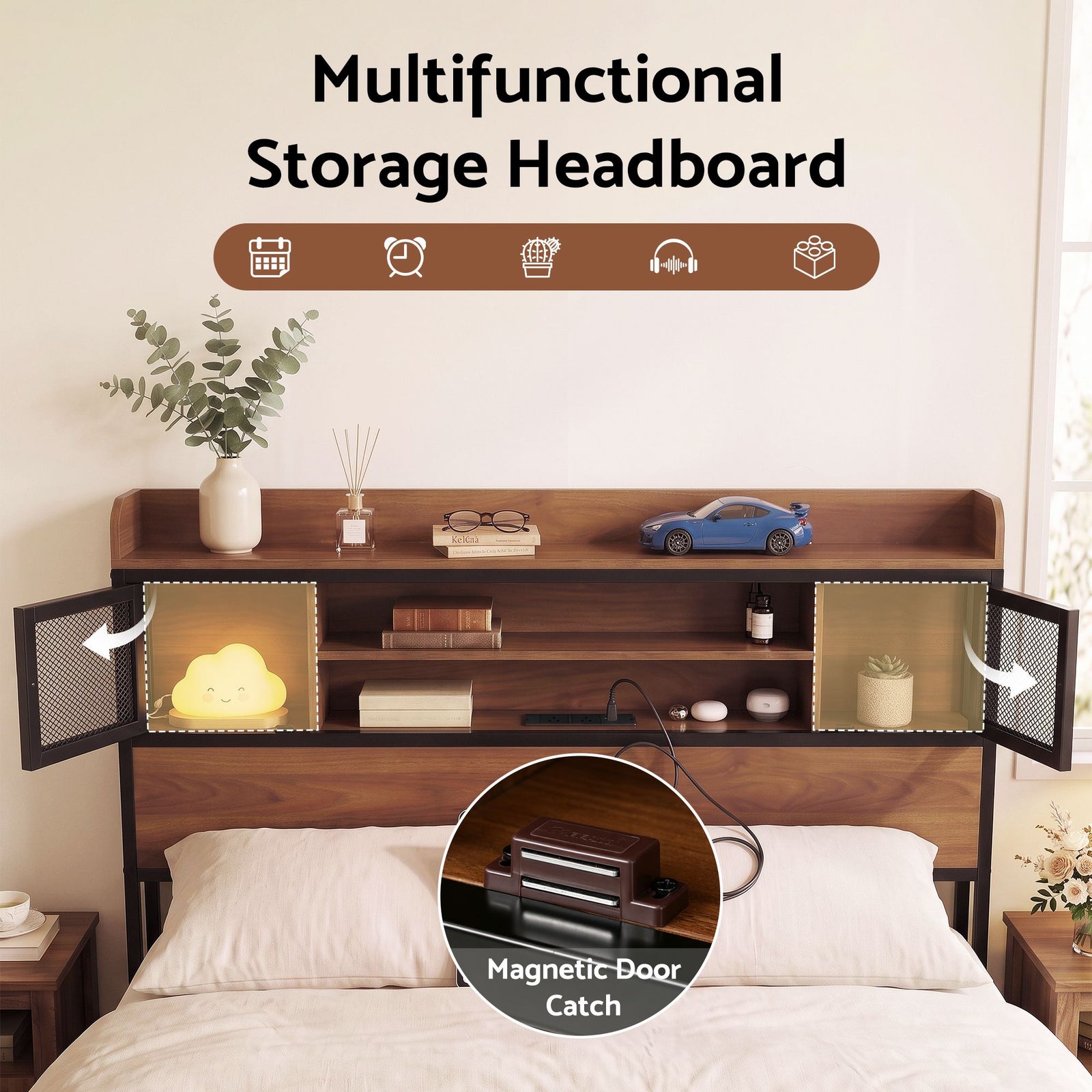 Queen Bed Frame with Charging Station 4 Drawers Storage Oak
