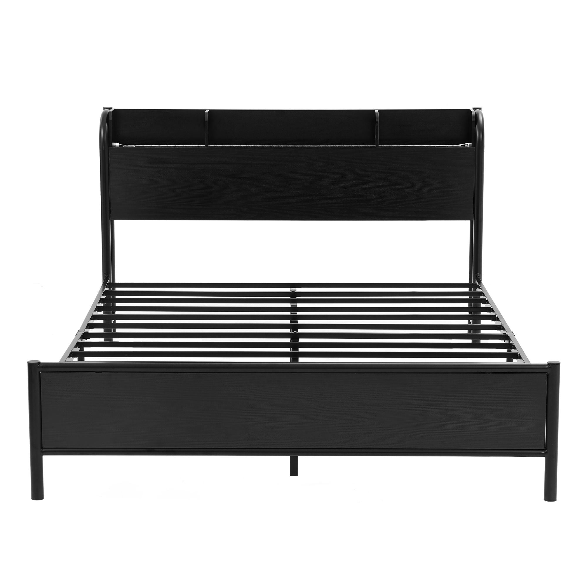 Artiss Double Metal Bed Frame – GRID Black, LED Headboard, Storage, Charging Ports