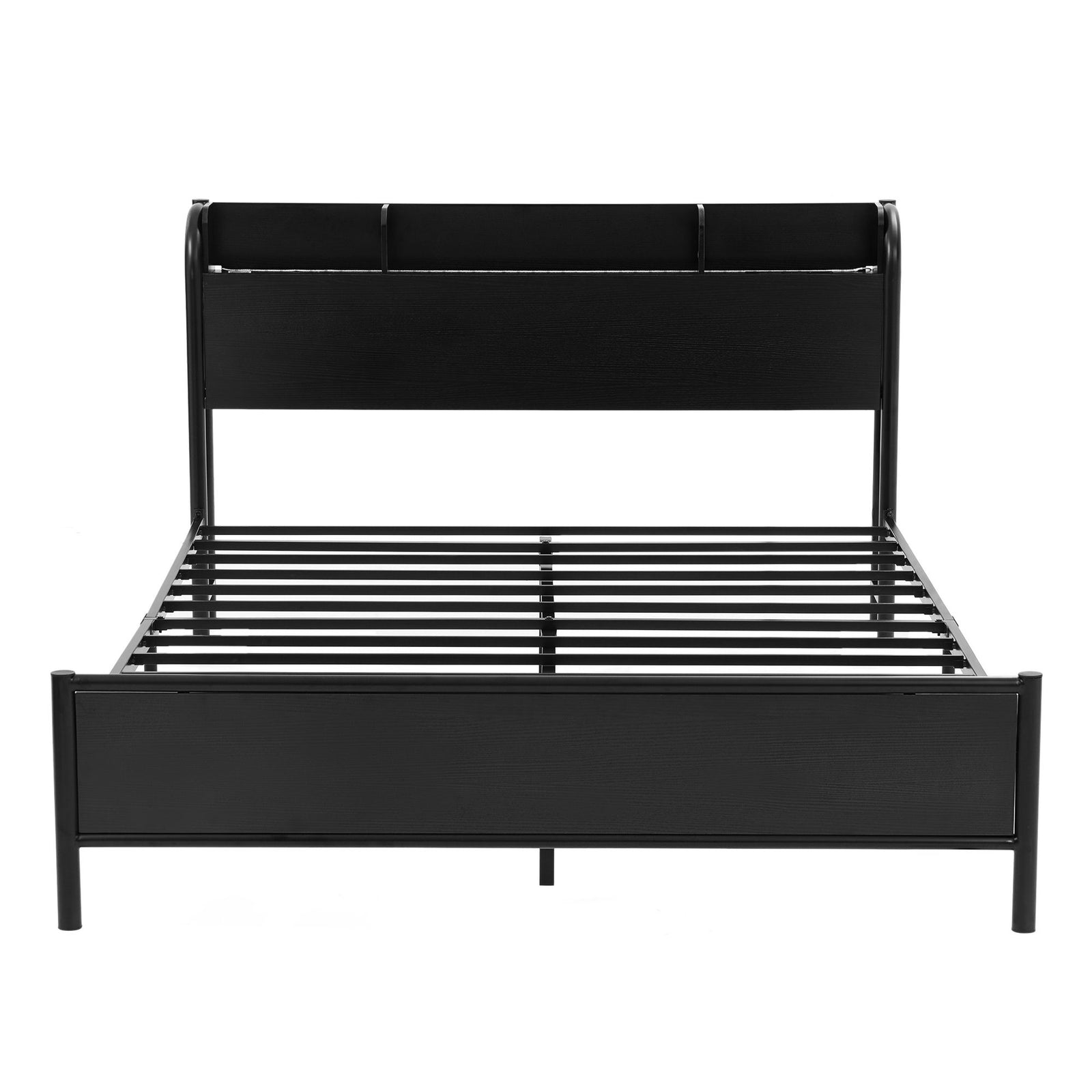 Artiss Double Metal Bed Frame – GRID Black, LED Headboard, Storage, Charging Ports