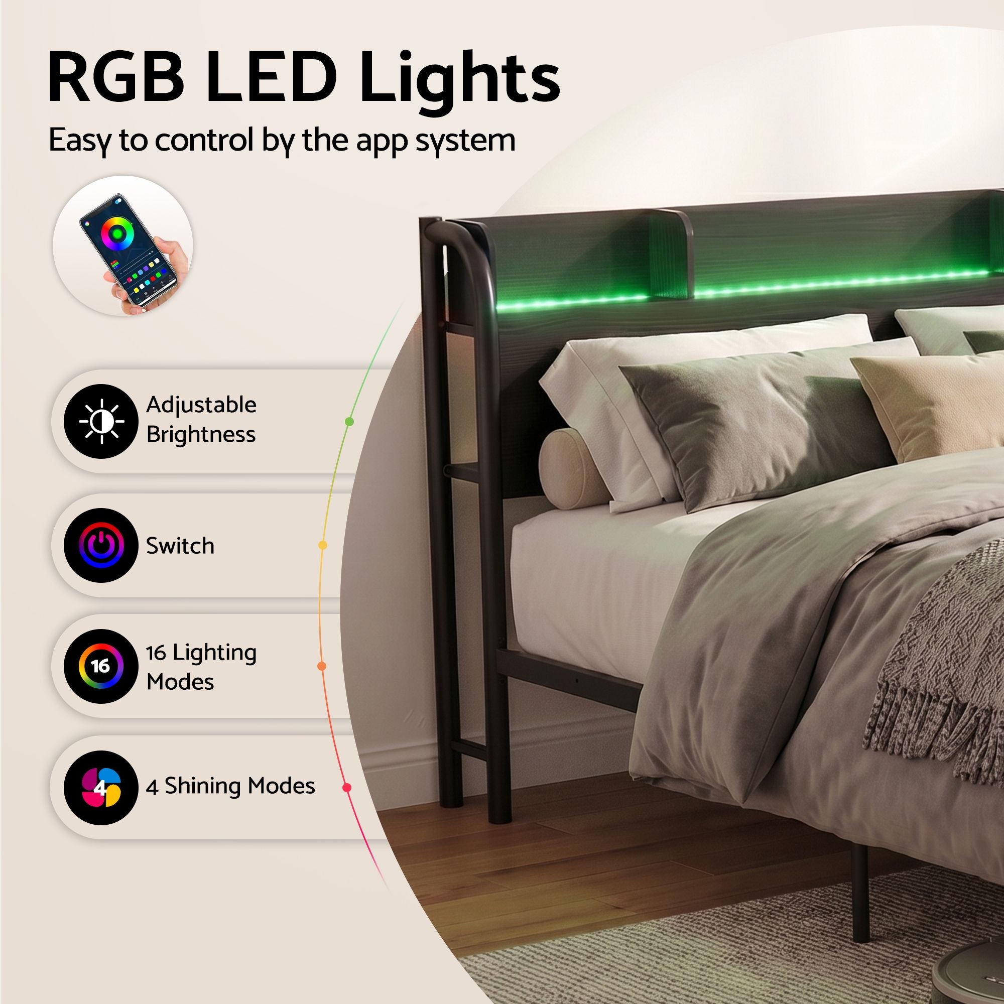 Artiss Double Metal Bed Frame – GRID Black, LED Headboard, Storage, Charging Ports