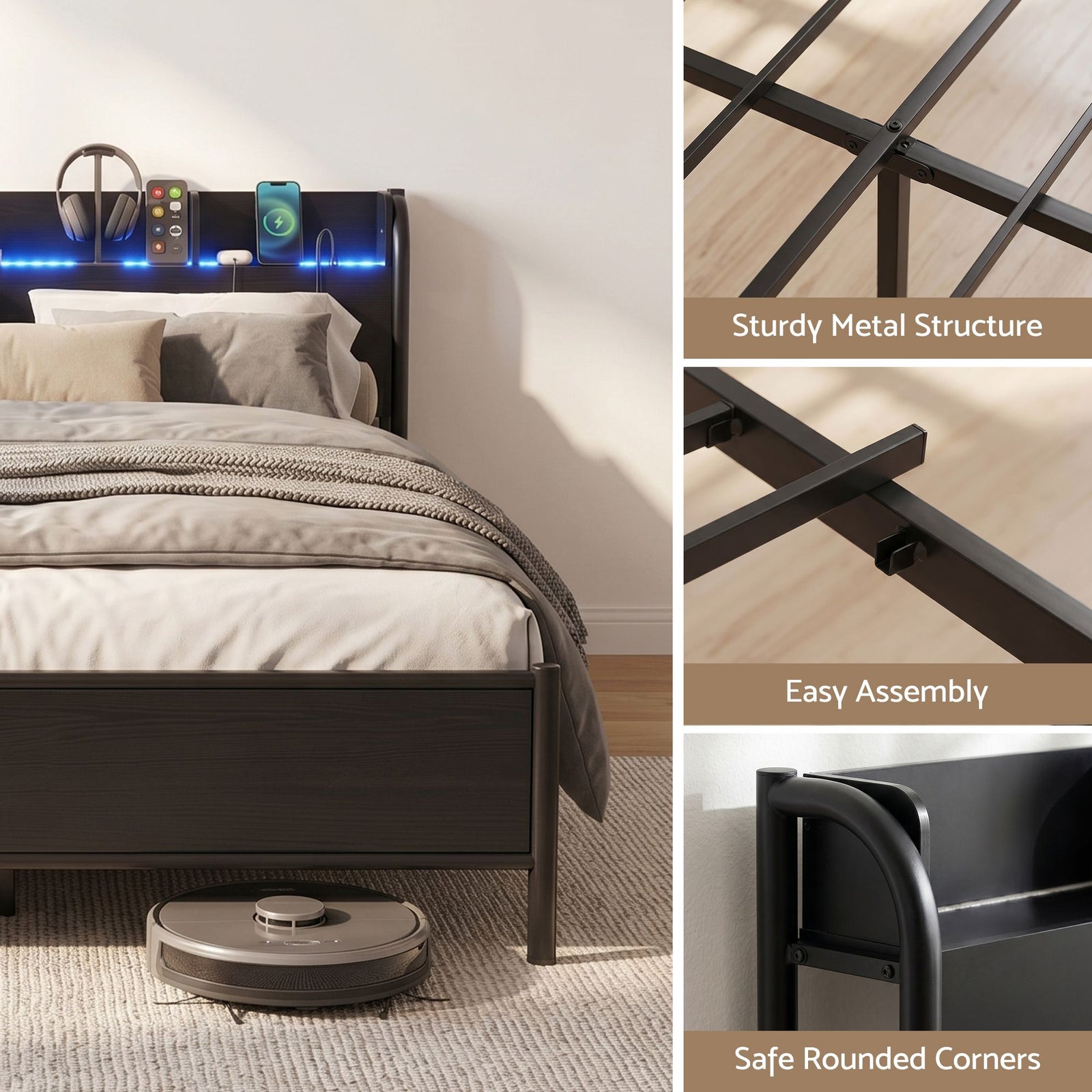 Artiss Double Metal Bed Frame – GRID Black, LED Headboard, Storage, Charging Ports