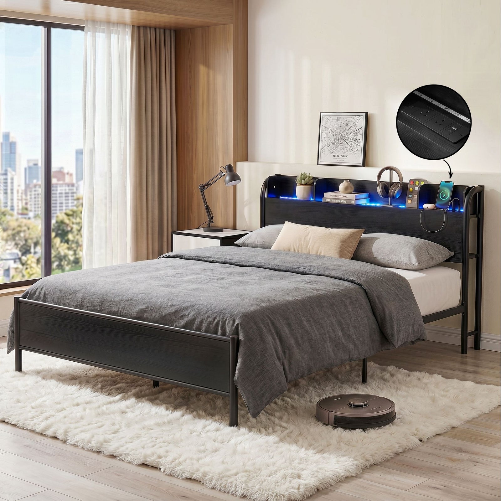 Artiss Double Metal Bed Frame – GRID Black, LED Headboard, Storage, Charging Ports