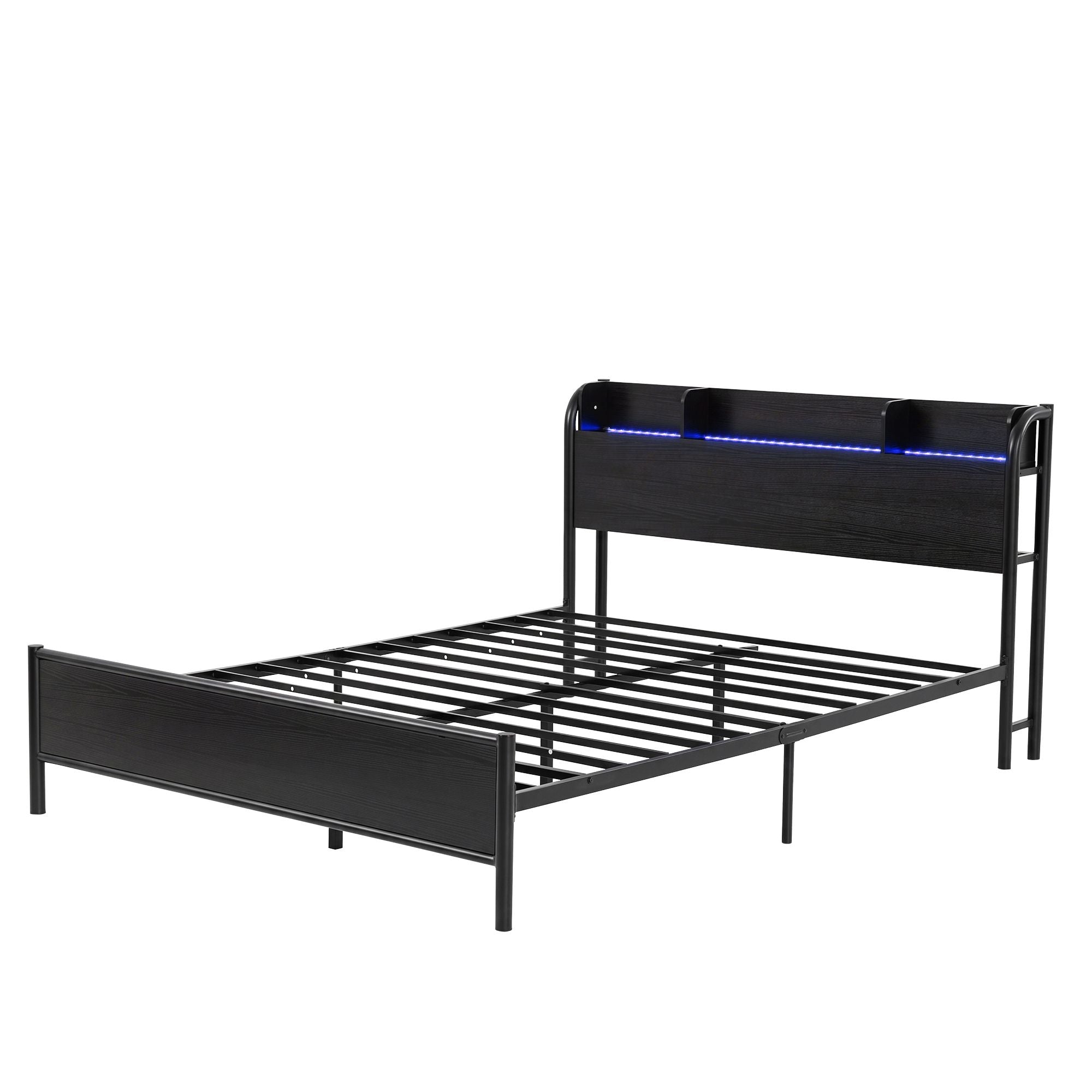 Artiss Queen Metal Bed Frame – GRID Black, LED Headboard, Storage, Charging Ports