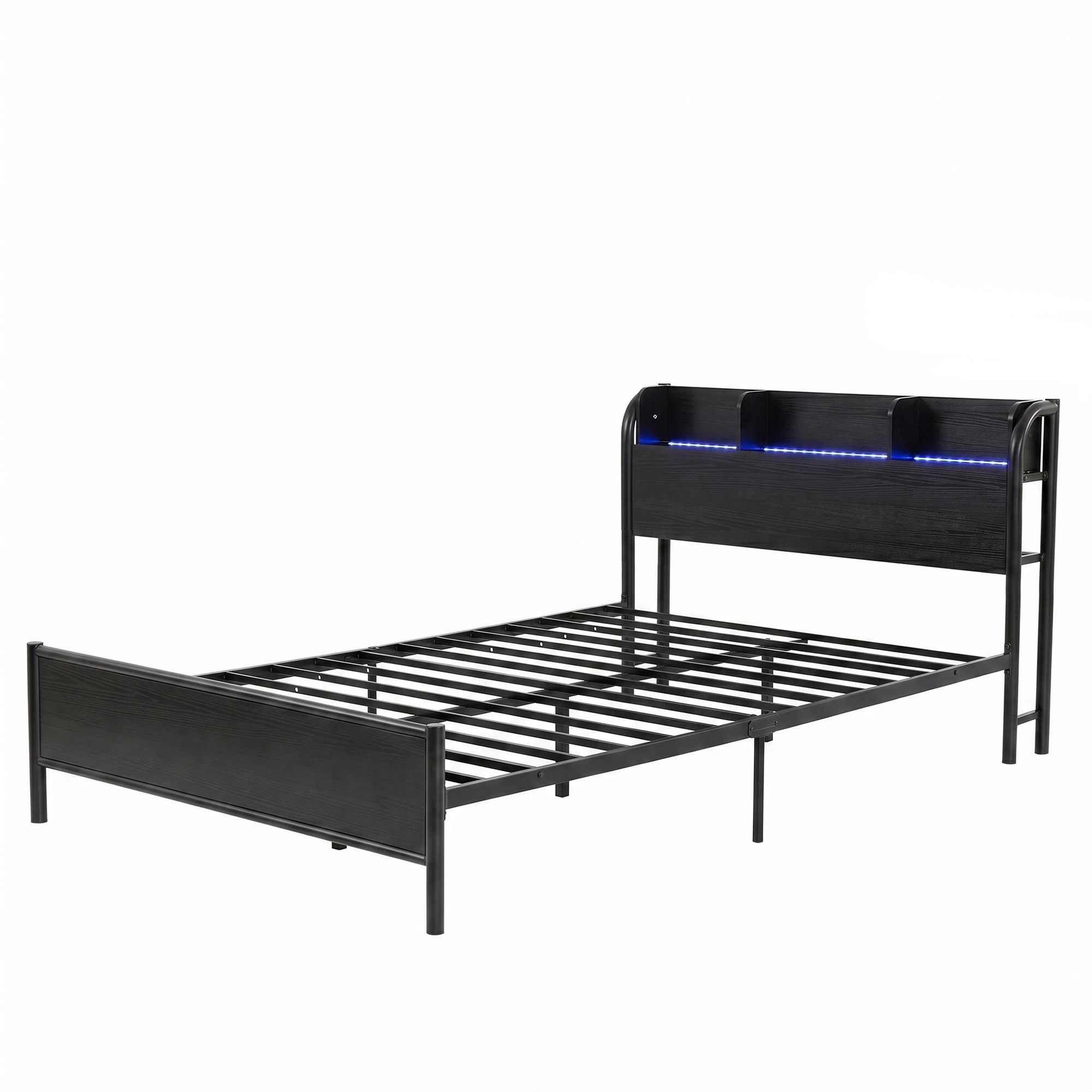 Artiss Single Metal Bed Frame – GRID Black, LED Headboard, Storage, Charging Ports