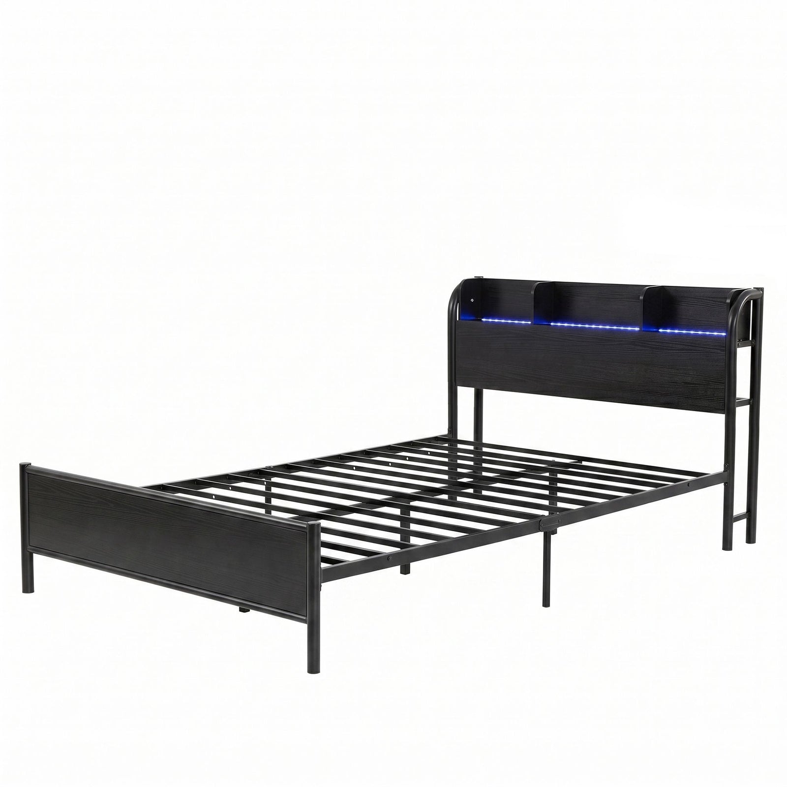 Artiss Single Metal Bed Frame – GRID Black, LED Headboard, Storage, Charging Ports
