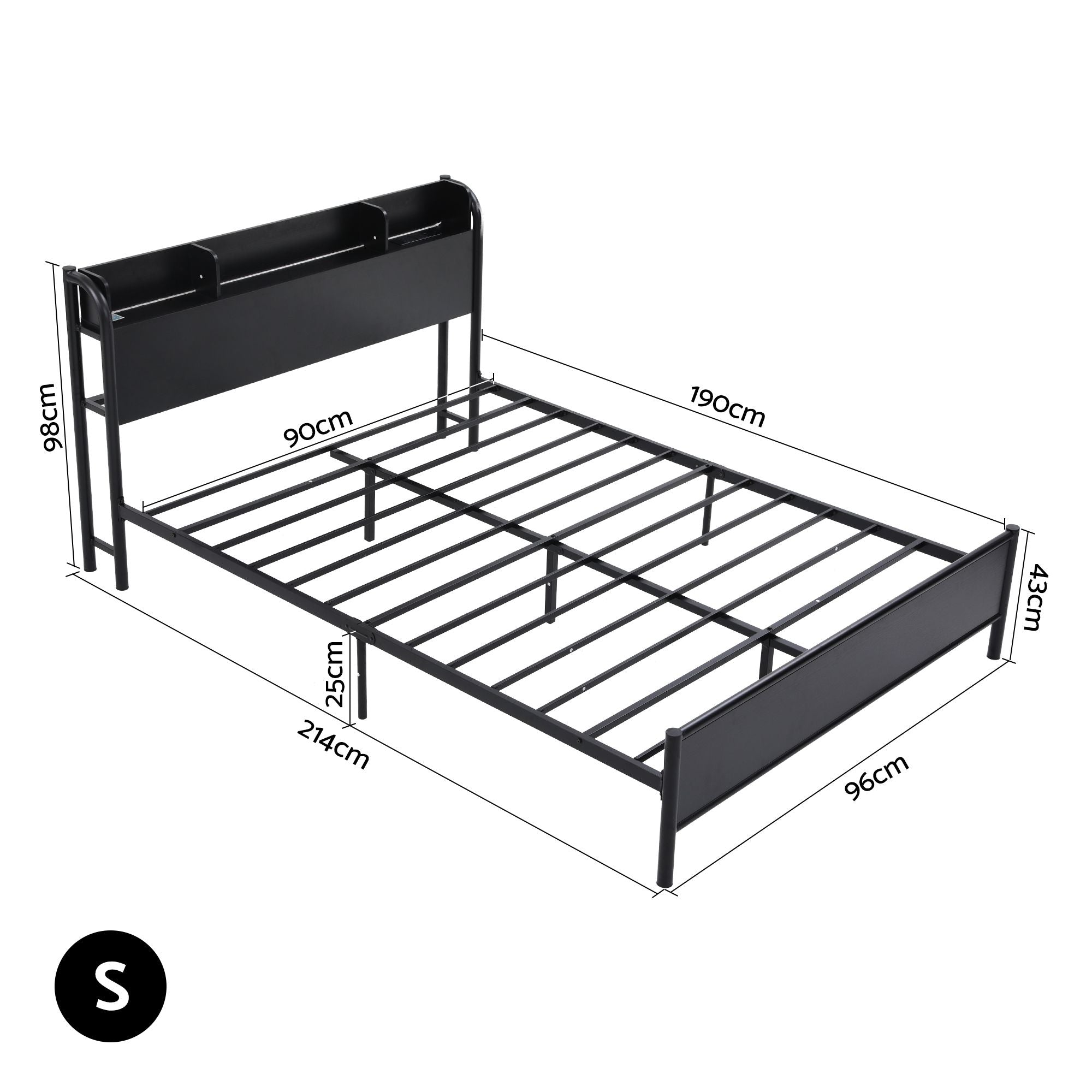 Artiss Single Metal Bed Frame – GRID Black, LED Headboard, Storage, Charging Ports