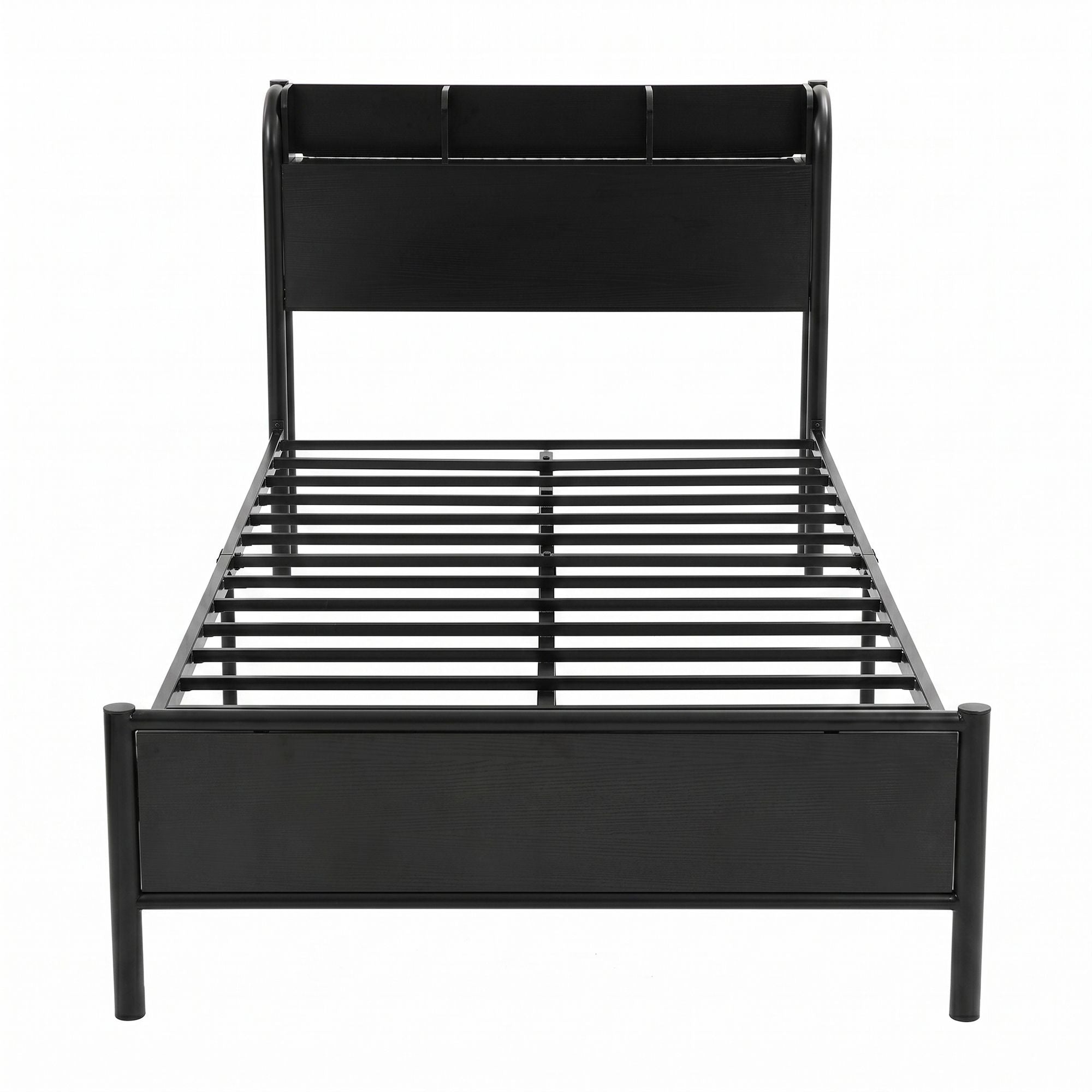 Artiss Single Metal Bed Frame – GRID Black, LED Headboard, Storage, Charging Ports