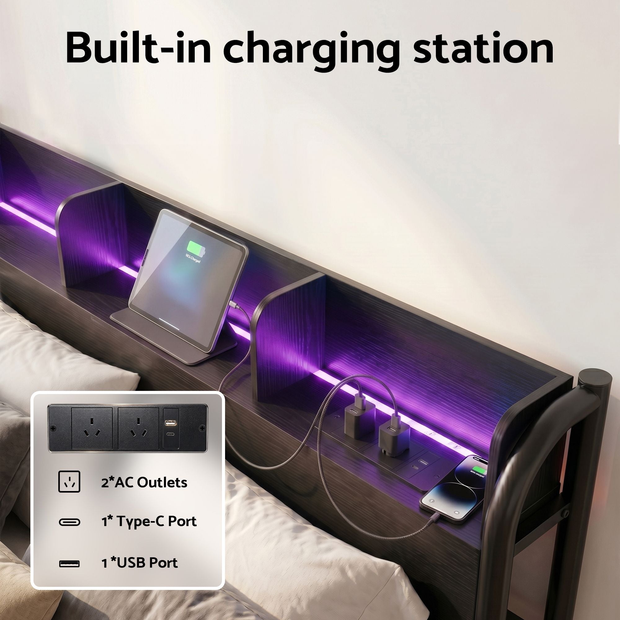 Artiss Single Metal Bed Frame – GRID Black, LED Headboard, Storage, Charging Ports