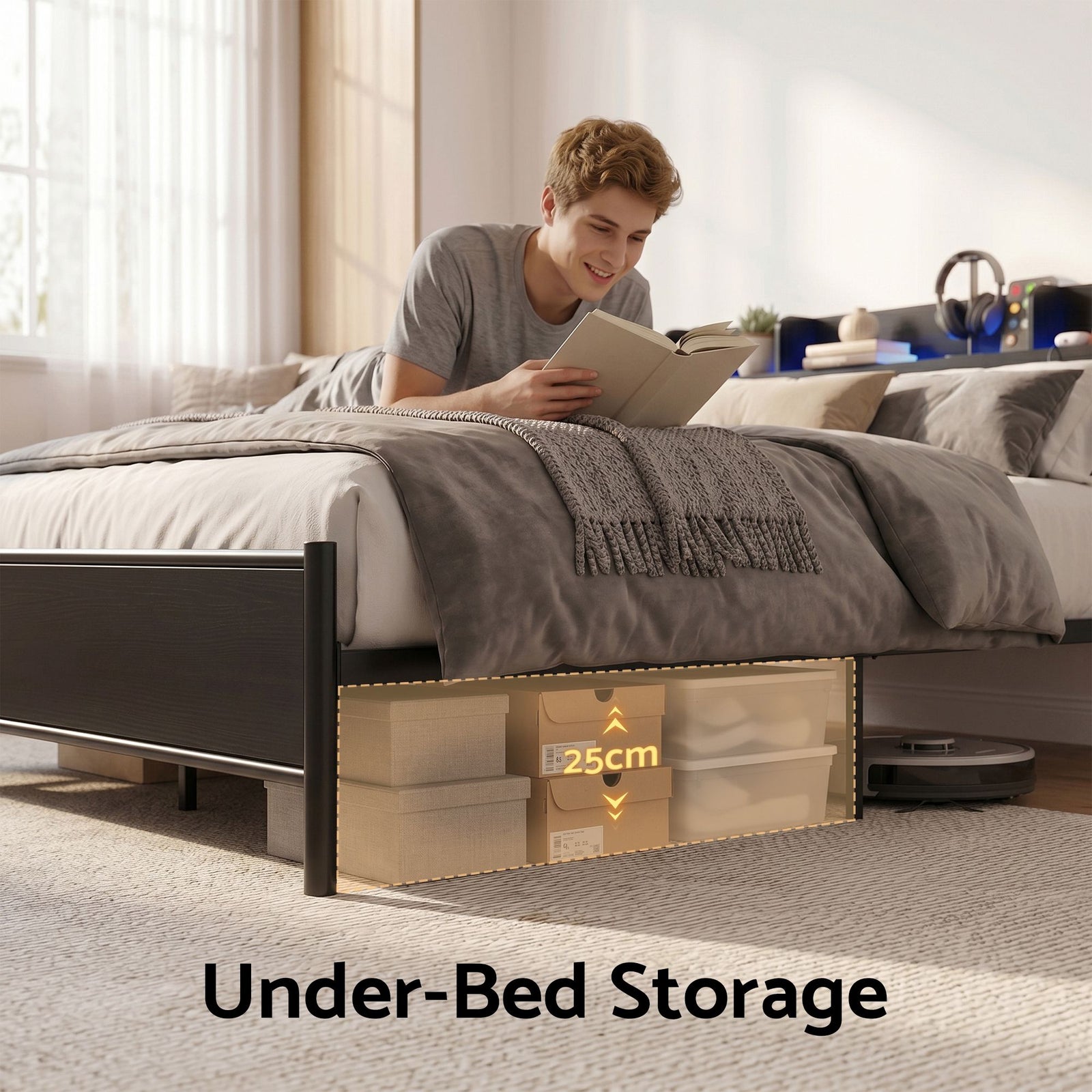 Artiss Single Metal Bed Frame – GRID Black, LED Headboard, Storage, Charging Ports