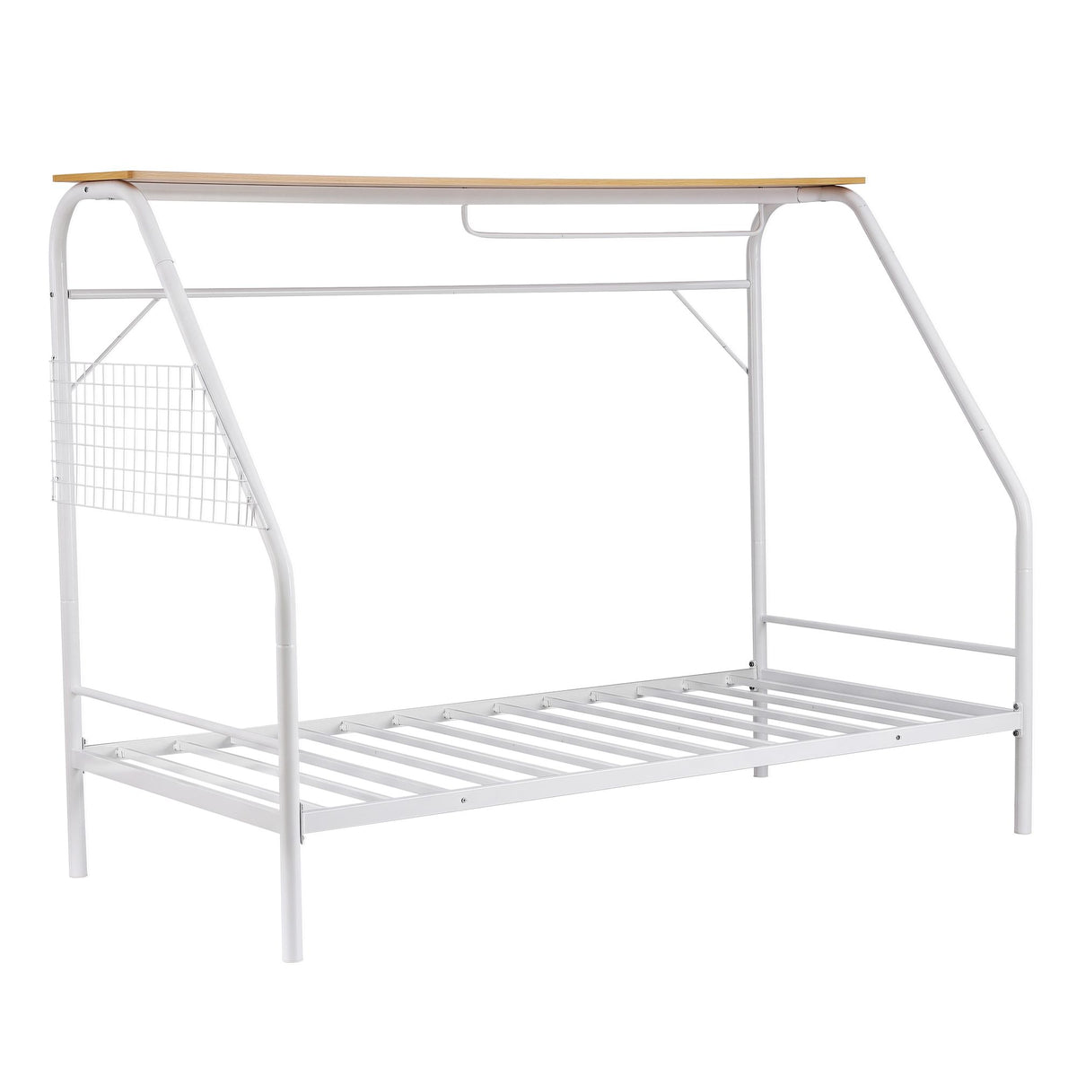 Single House Bed Frame Metal Canopy Bed Storage Shelf for Kids White