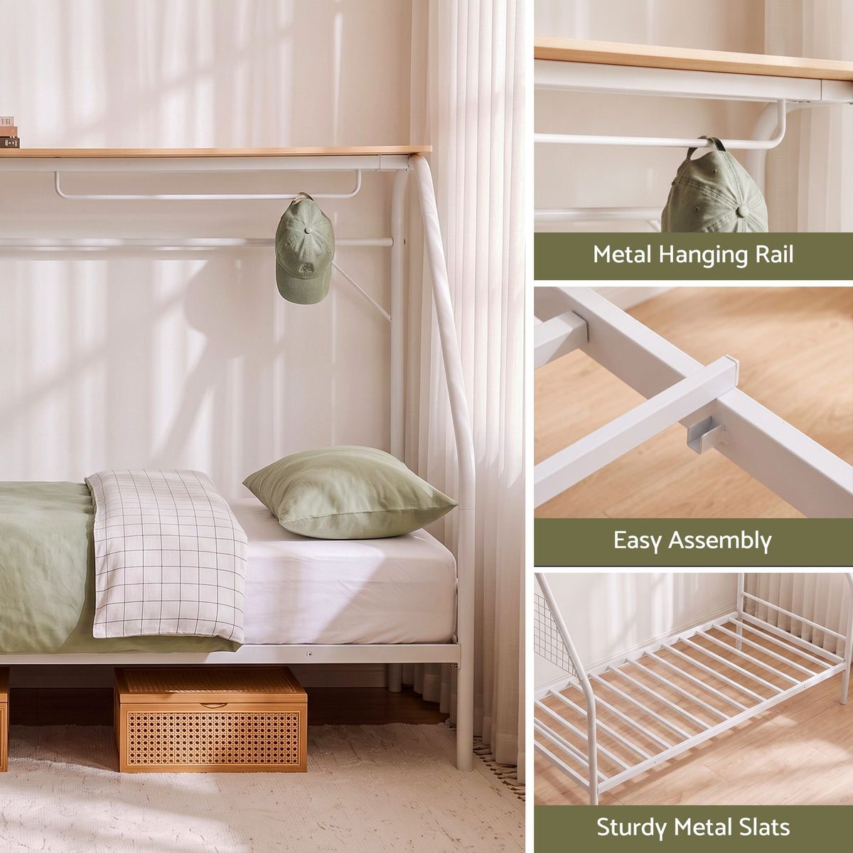 Single House Bed Frame Metal Canopy Bed Storage Shelf for Kids White