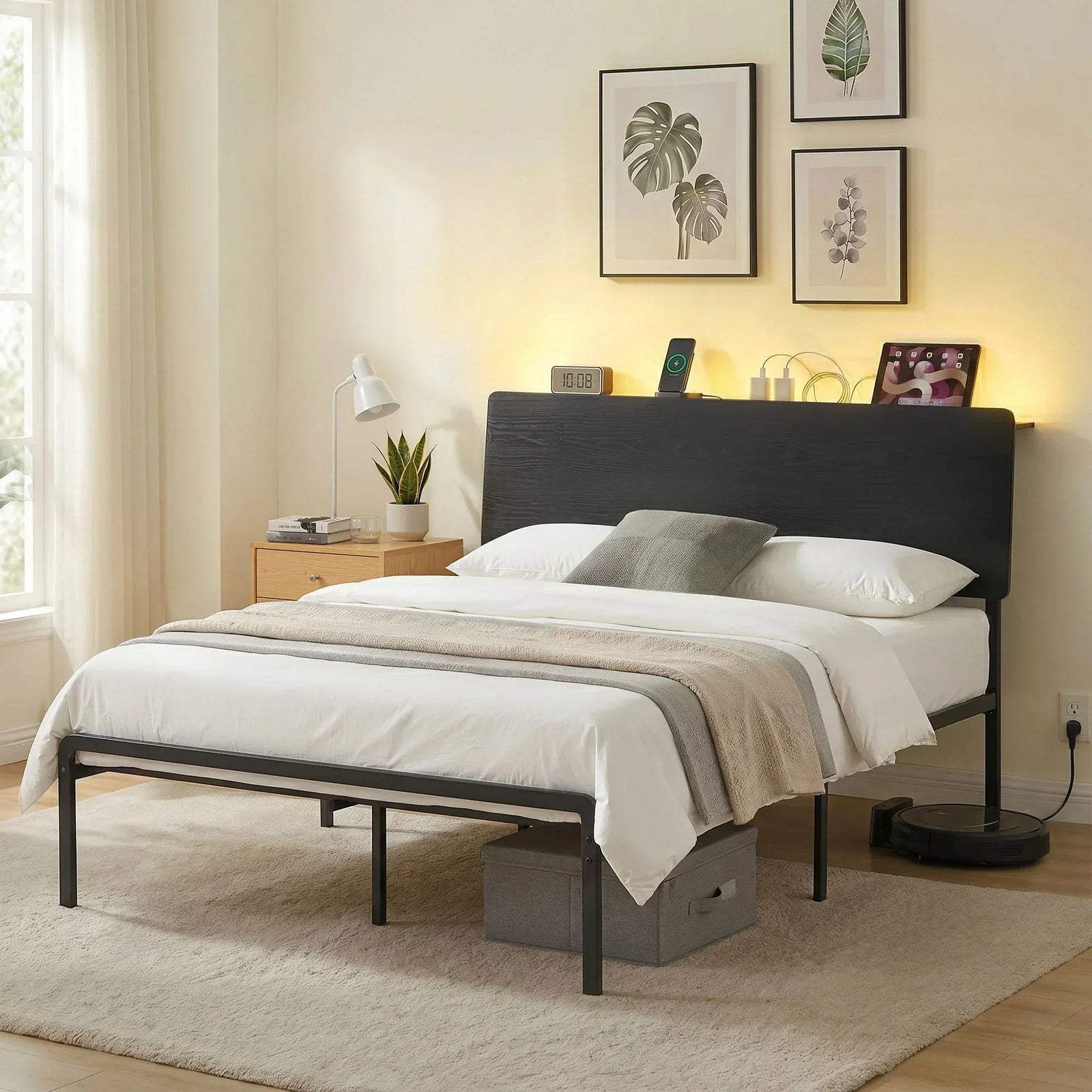 Bed Frame Queen Size LED Metal Bed Base with Charging Station LAN