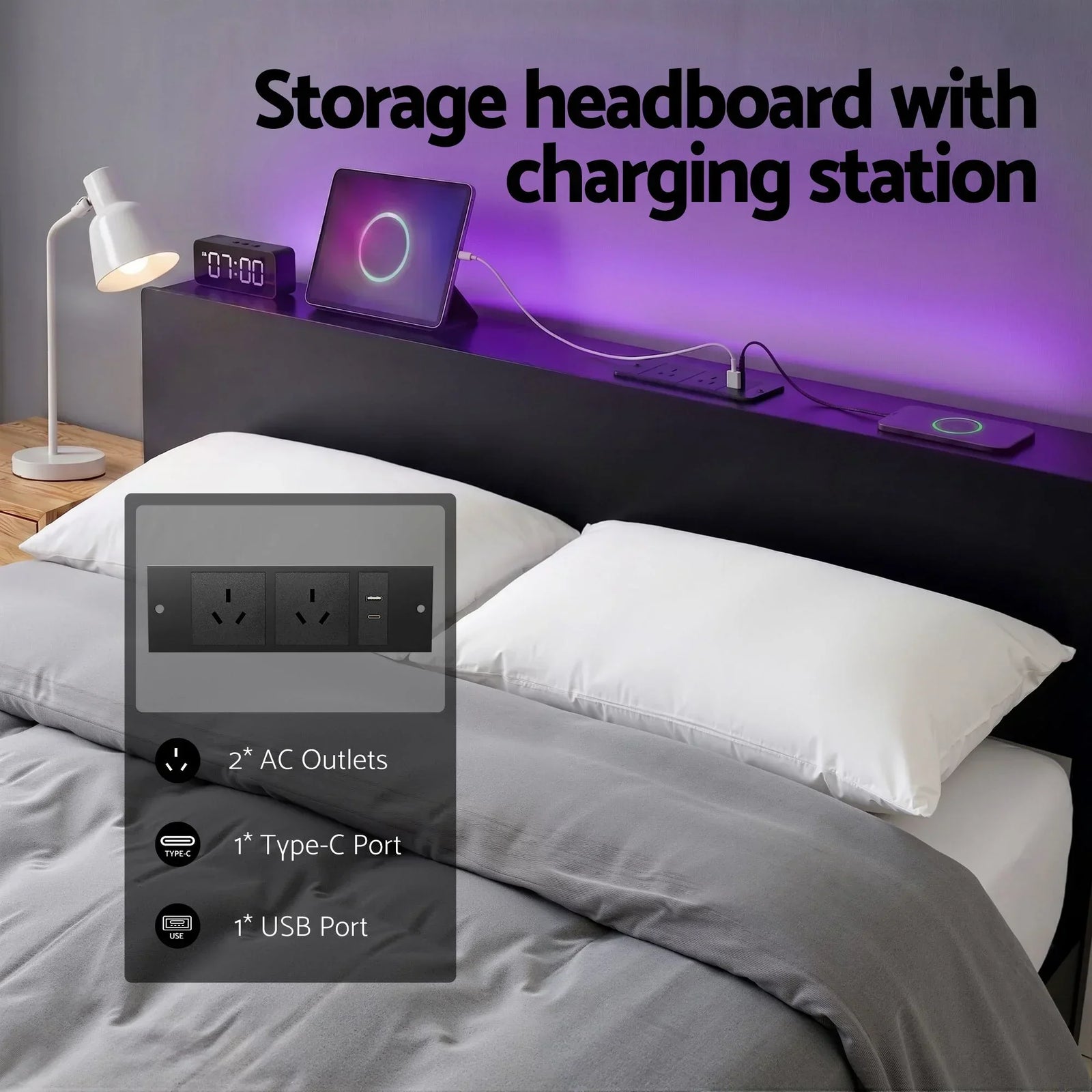 Bed Frame Queen Size LED Metal Bed Base with Charging Station LAN