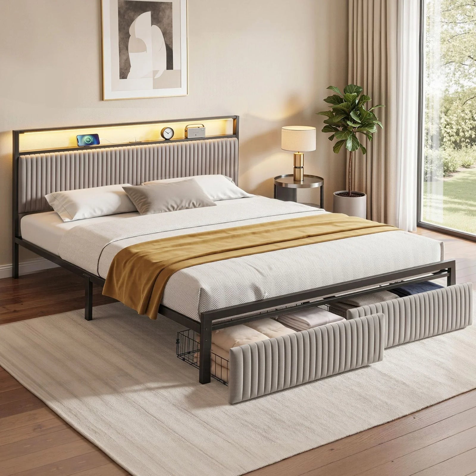 Metal Bed Frame King Size LED Charging Station 2 Drawers