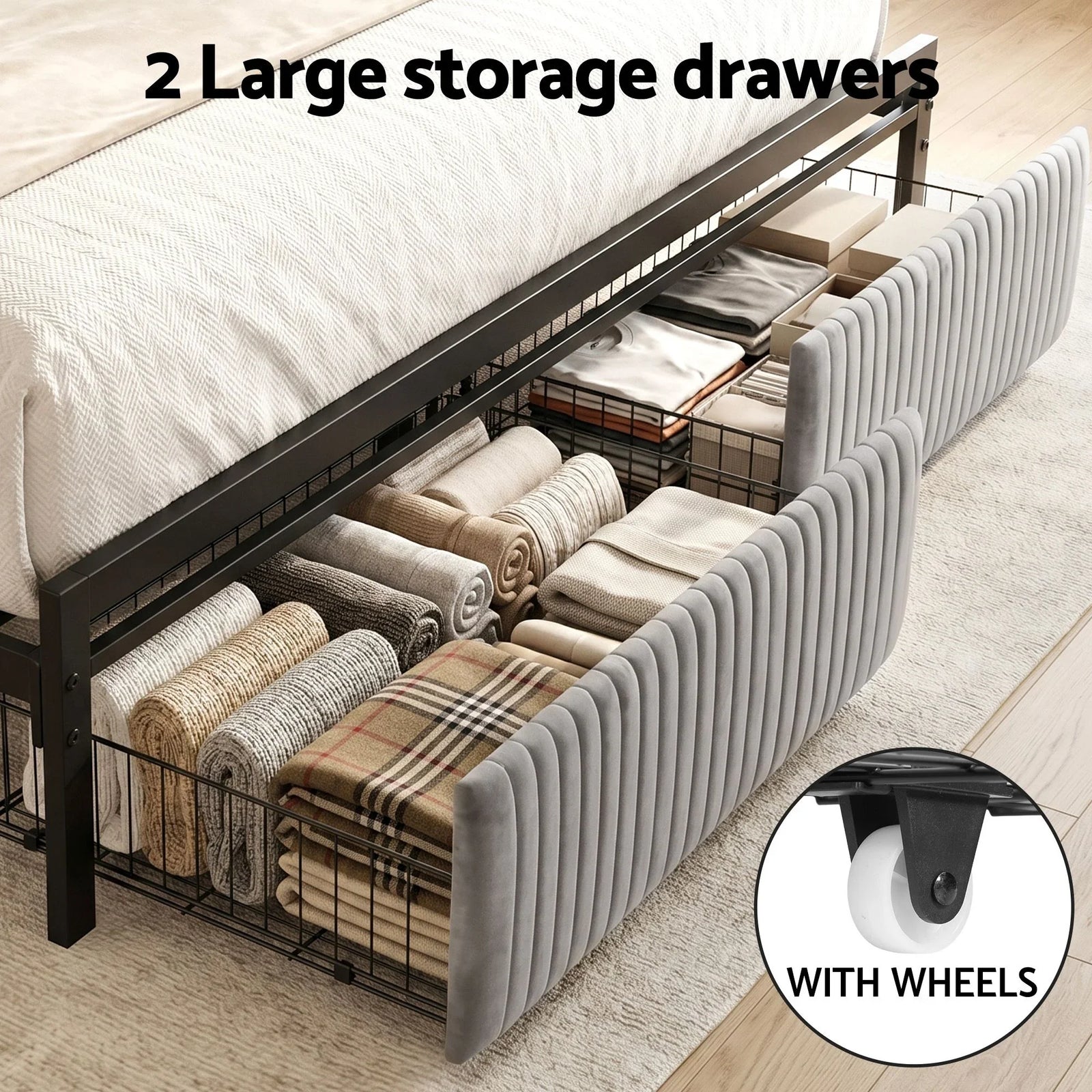 Metal Bed Frame King Size LED Charging Station 2 Drawers