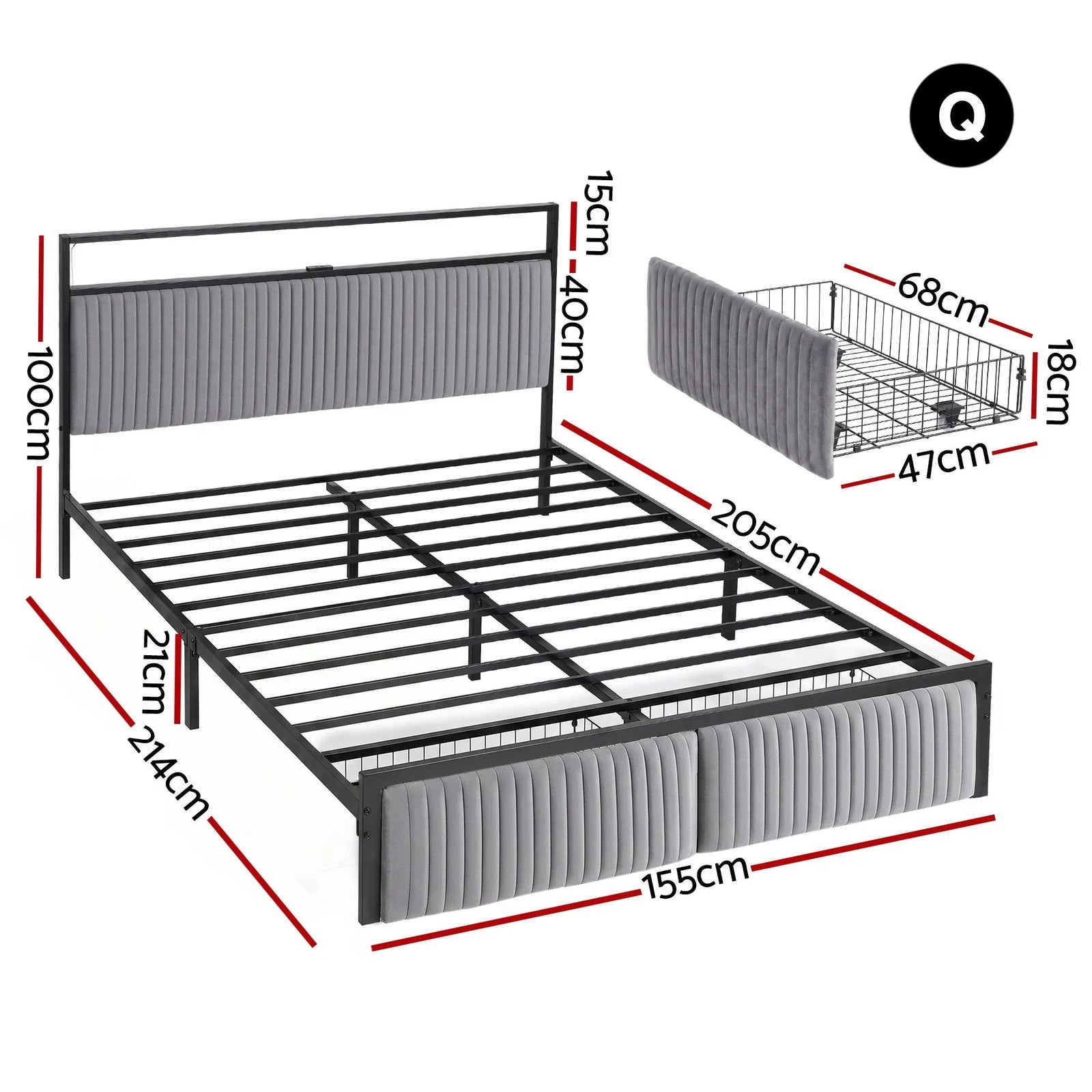 Metal Bed Frame Queen Size LED Charging Station 2 Drawers