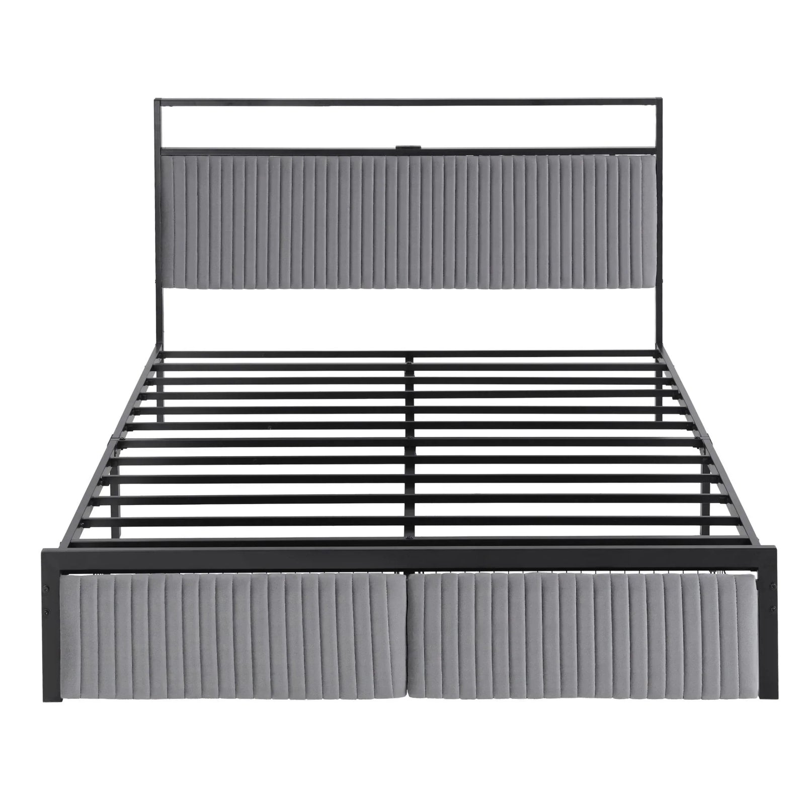 Metal Bed Frame Queen Size LED Charging Station 2 Drawers