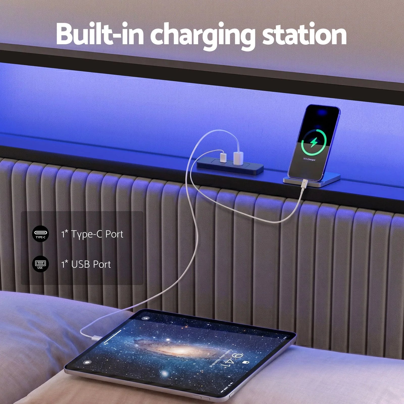 Metal Bed Frame Queen Size LED Charging Station 2 Drawers