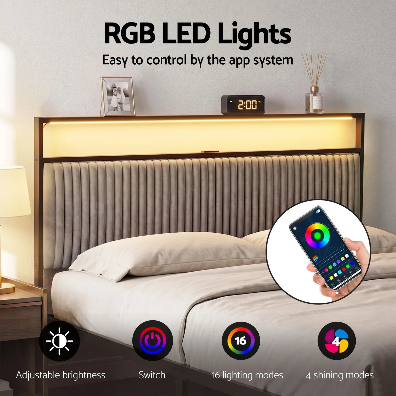 Metal Bed Frame Queen Size LED Charging Station 2 Drawers