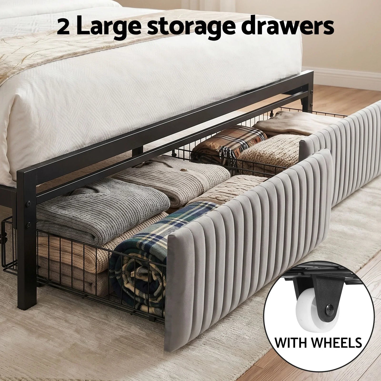 Metal Bed Frame Queen Size LED Charging Station 2 Drawers