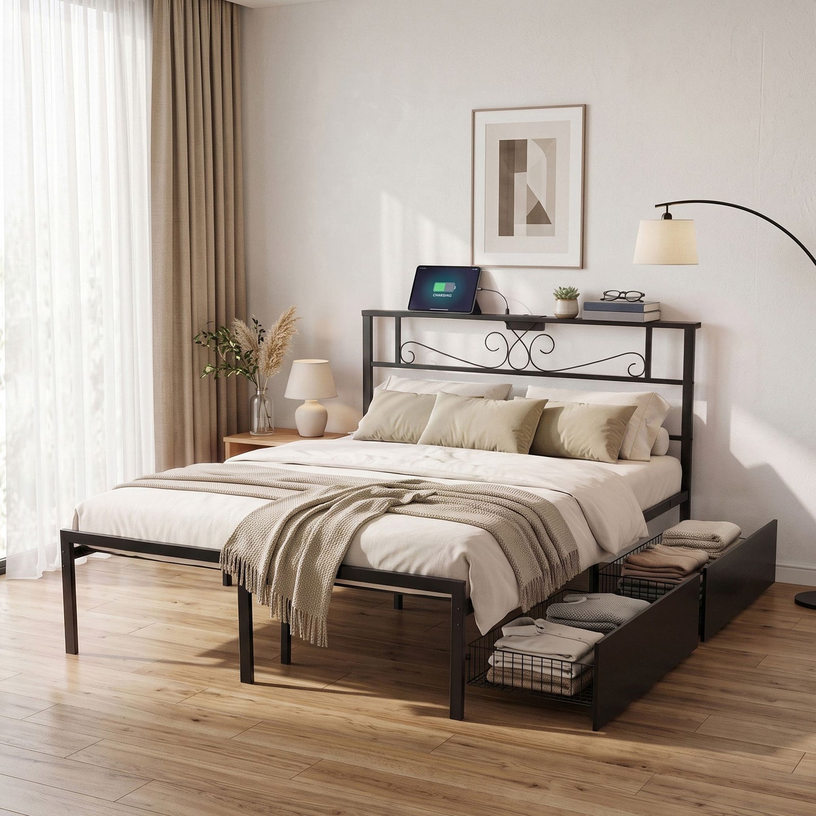 Double Bed Frame with Charging Station & Storage Drawers Metal